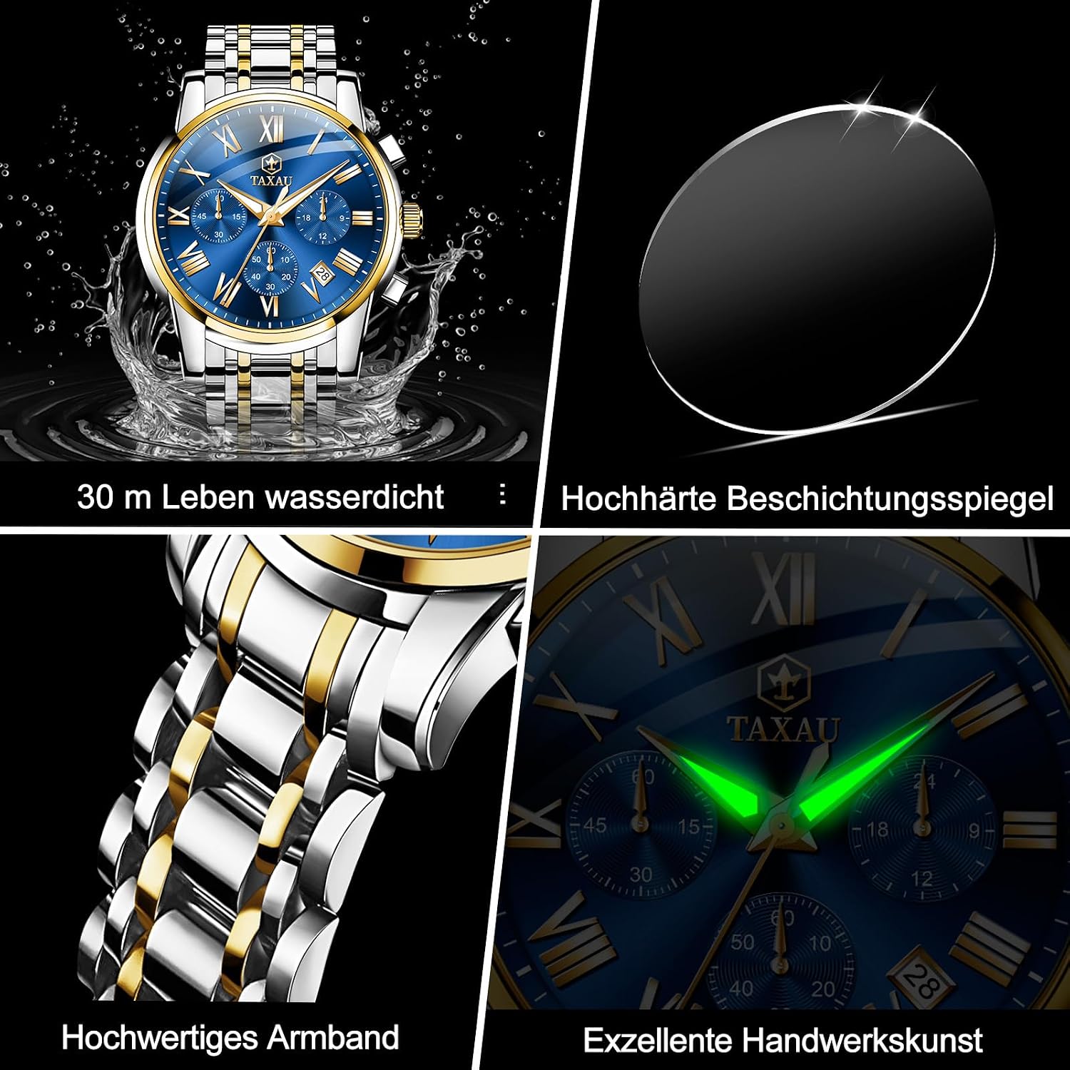 Thumbnail 4 de Taxau Multifunktionsuhr für Männer aus Edelstahl mit Chronograph, römischem Zifferblatt und Datum