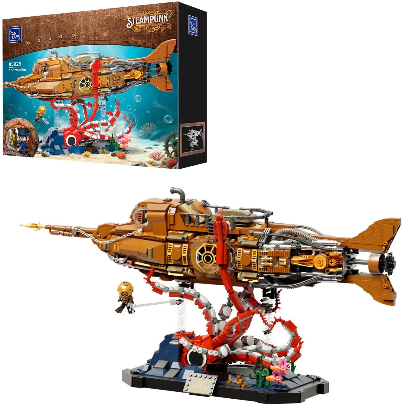 Detalle de PANTASY Steampunk Nautilus U-Boot Klemmbausteine Set – Modulares 3-Sektionen-Design mit Zahnrad-Propeller