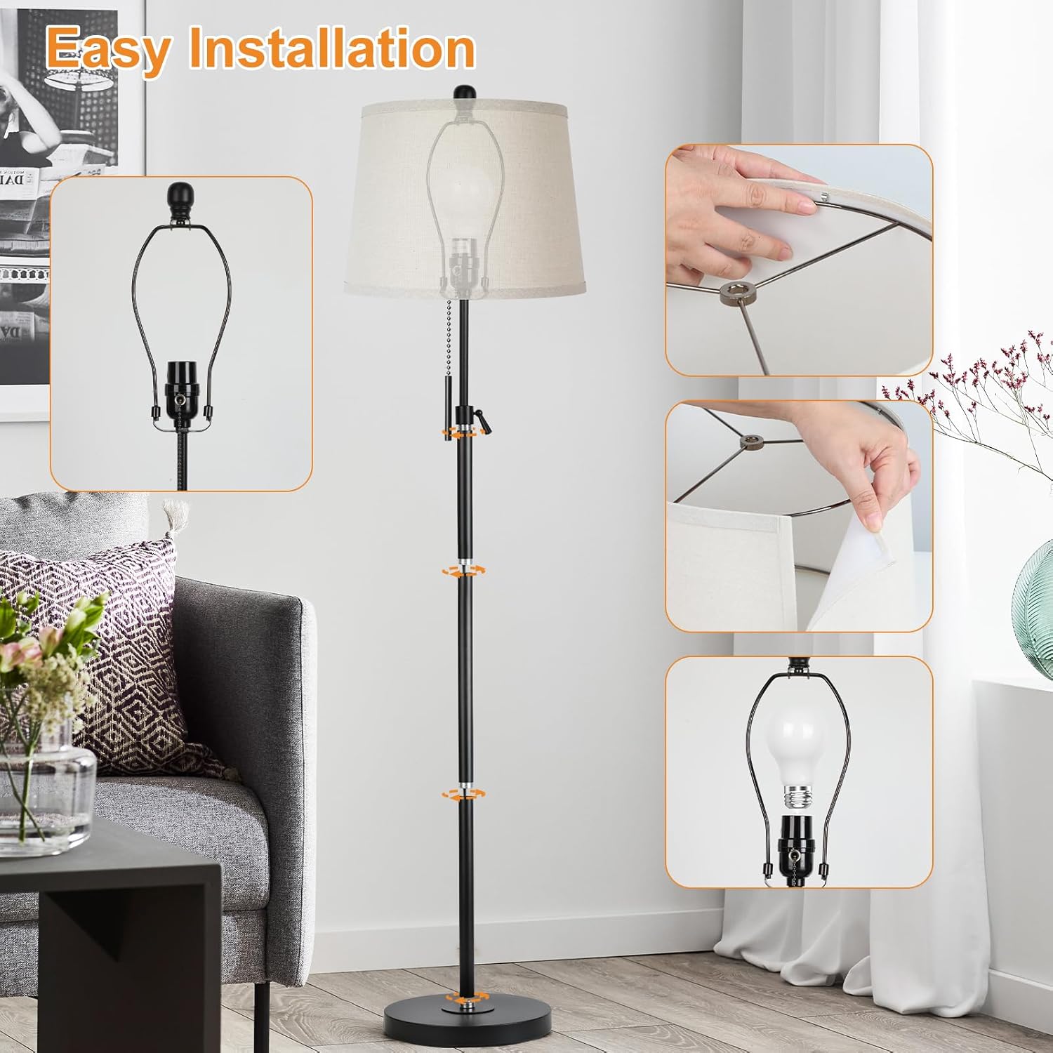 Detalle de Qingmiao Stehlampe Wohnzimmer Modern – höhenverstellbar, Stoffschirm, 3 Farbtemperaturen, E27