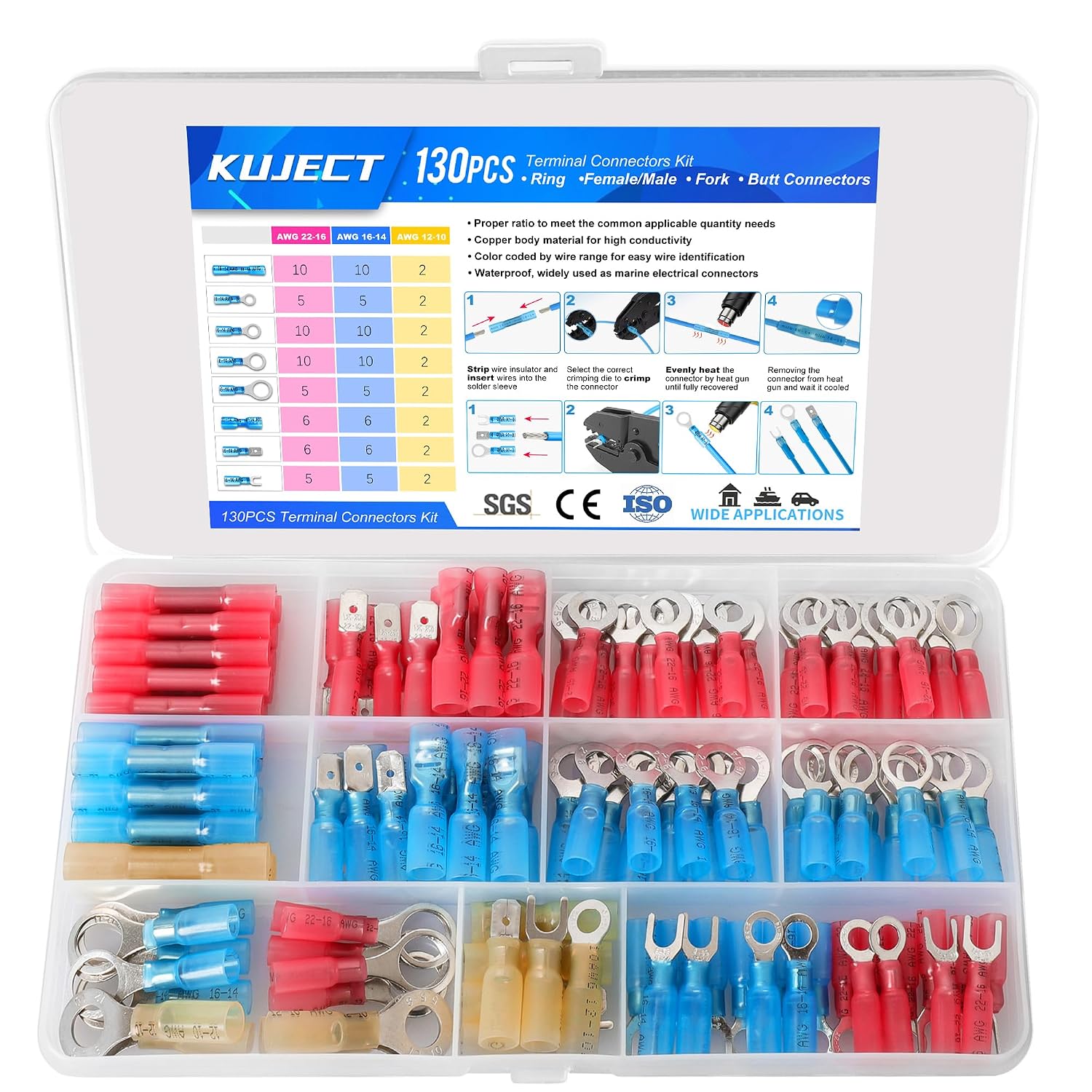 Detalle de Kuject 130-Piece Heat-Shrink Wire Connector Kit with Ring, Fork and Spade Terminals