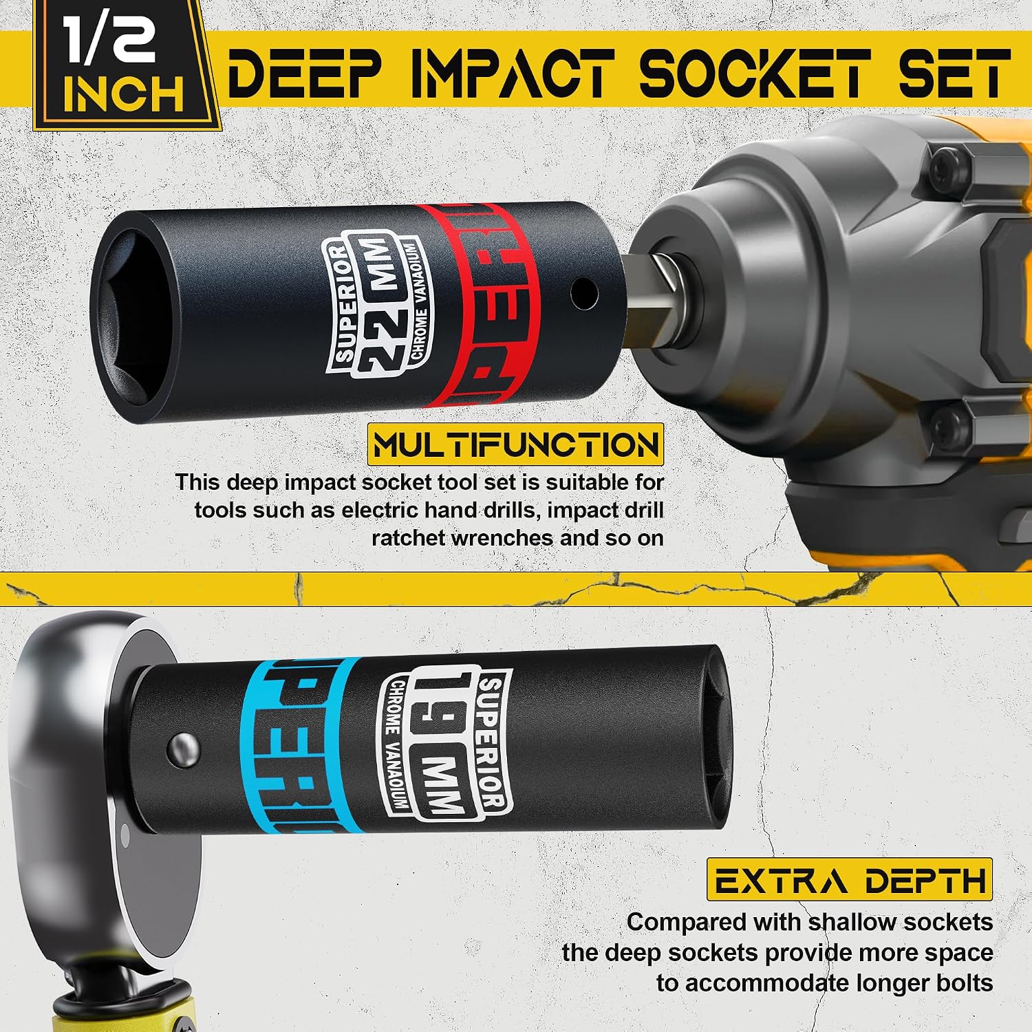 Thumbnail 3 de KIRXST 1/2 Inch Drive Impact Socket Set (11-Piece) – Metric Deep Sockets 10–24 mm with 1/4" Adapter