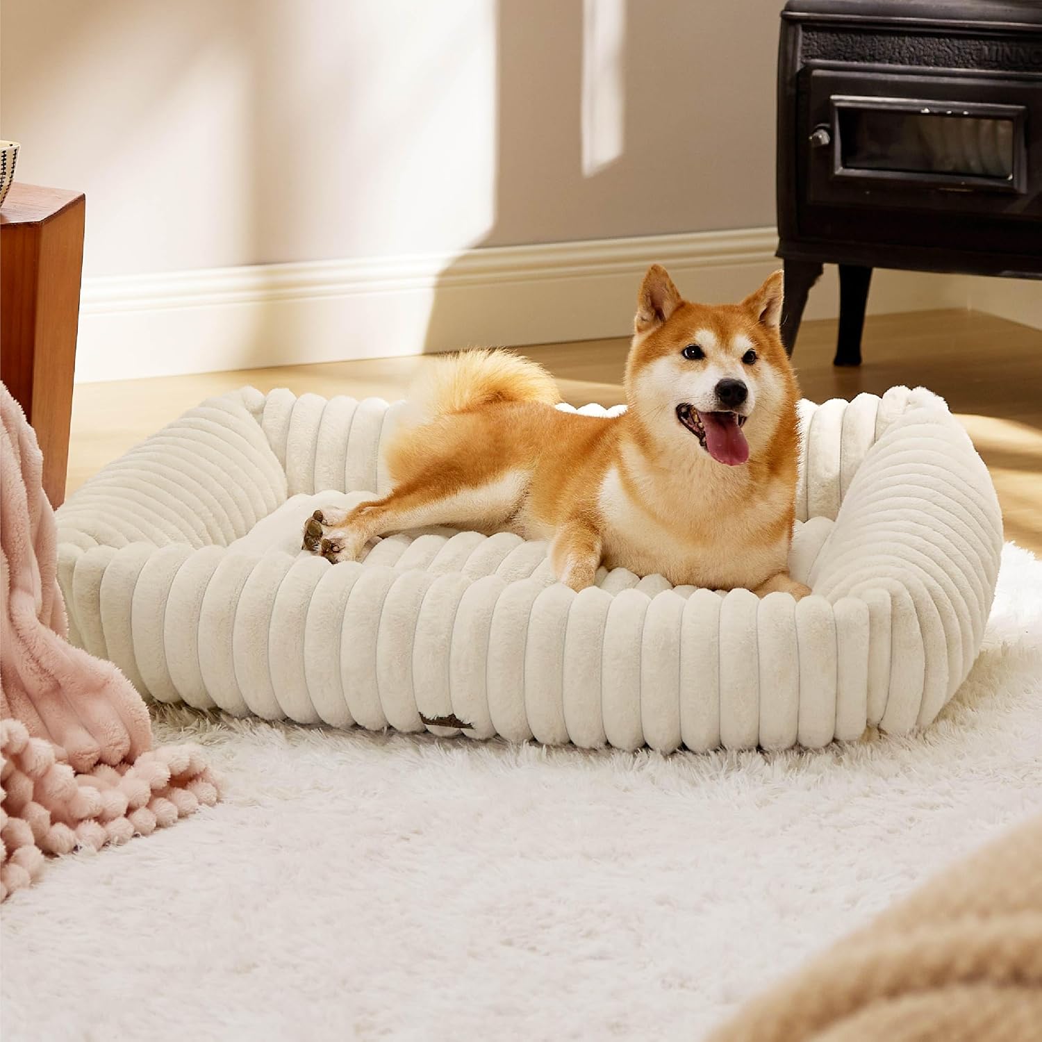Detalle de Bedsure ComfyFleece® 36-Inch Dog Bed, Cream, Washable Cover, Non-Slip Base