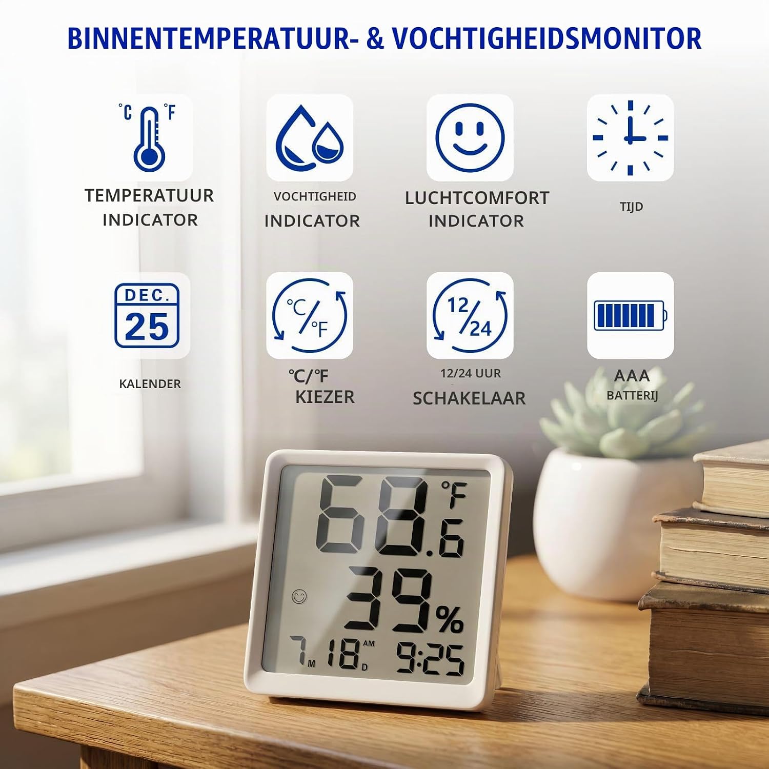 Detalle 2 de Plumeet VLEU-8052-BL digitale binnenhygrometer en thermometer met klok