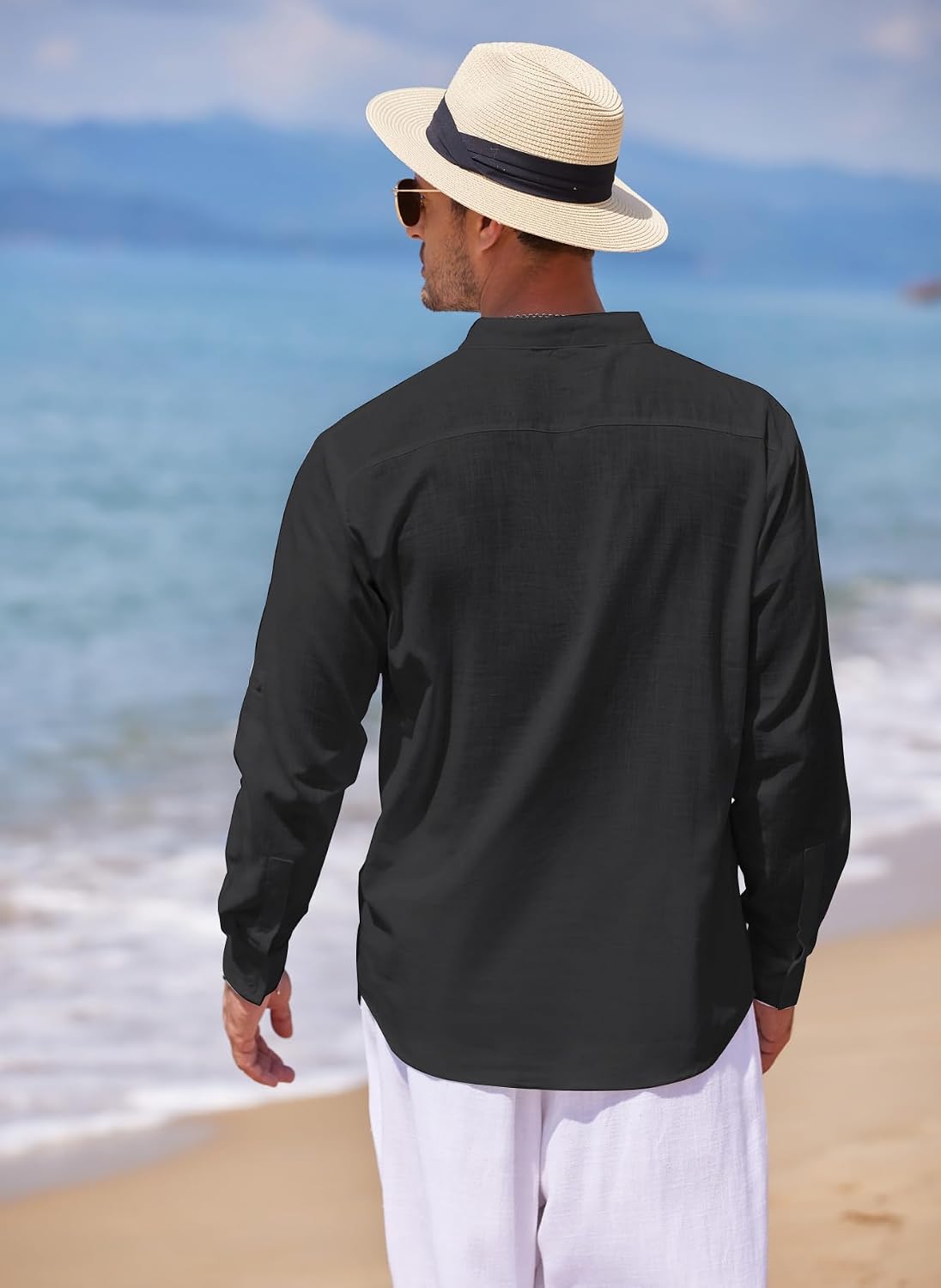 Detalle de COOFANDY Men's Cotton Linen Henley T-Shirt Long Sleeve – Lightweight, Breathable Beach-Ready Henley