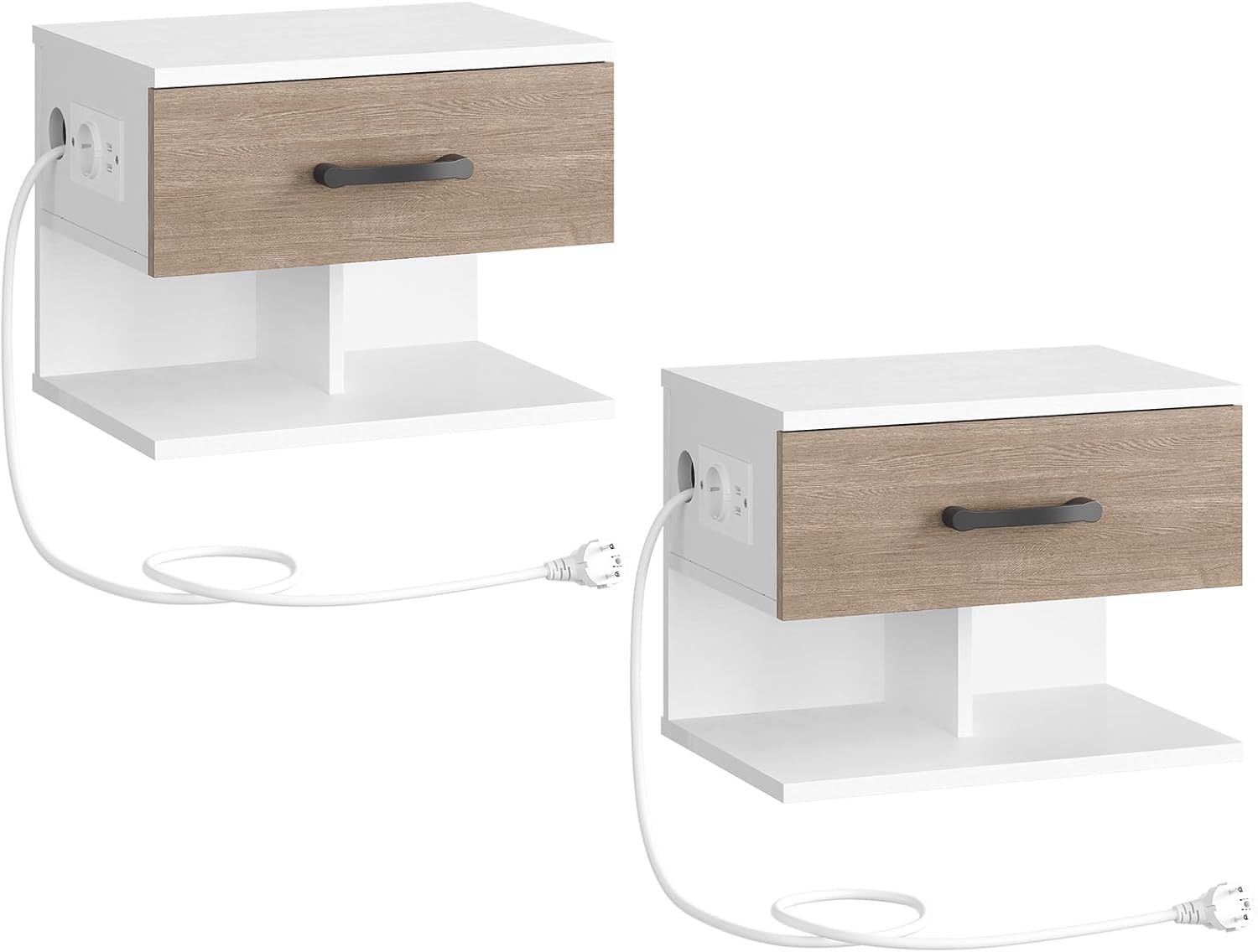 Detalle de HOOBRO Set di 2 Comodini Sospesi da Parete con Stazione di Ricarica (EWG127CBZP201) – Bianco e Grigio Anticato