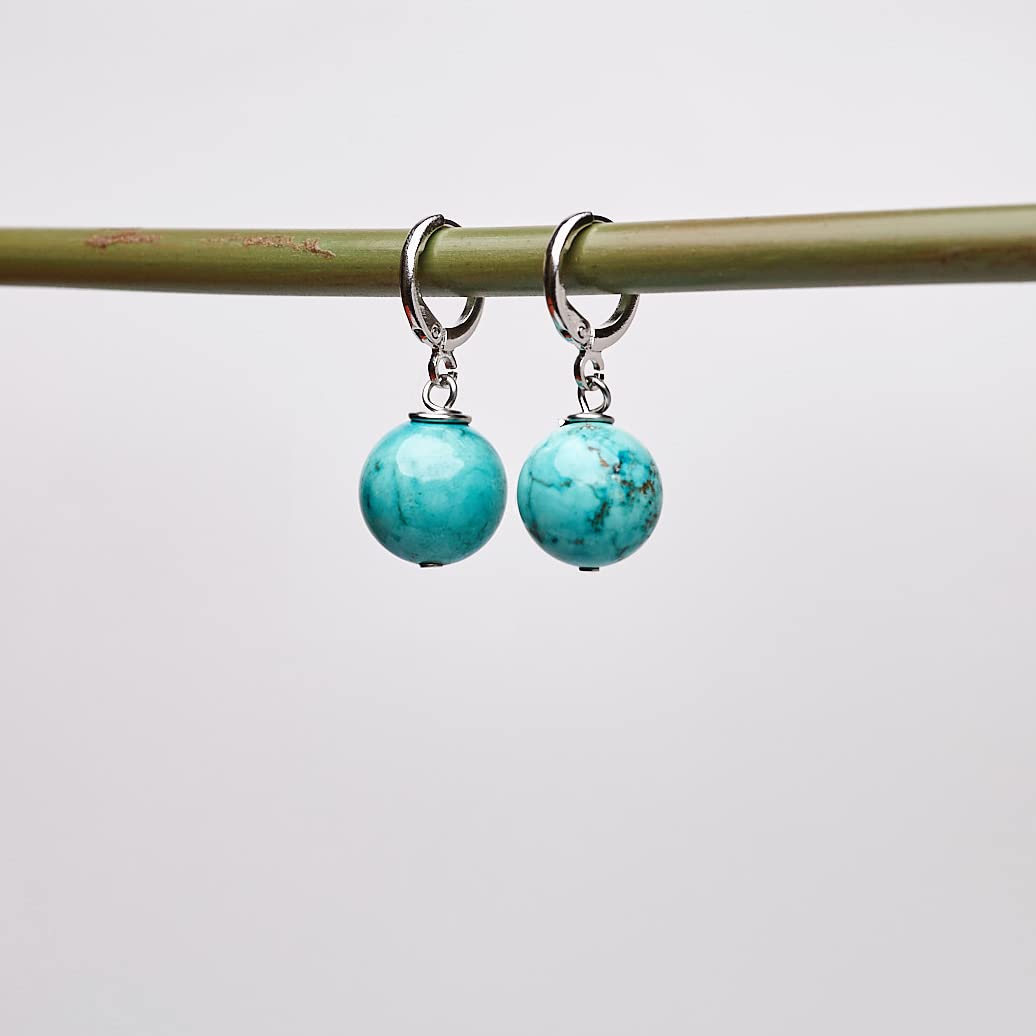 Thumbnail 2 de TreasureBay handmade 12mm gemstone beaded drop earrings in gold-plated leverback (blue turquoise)
