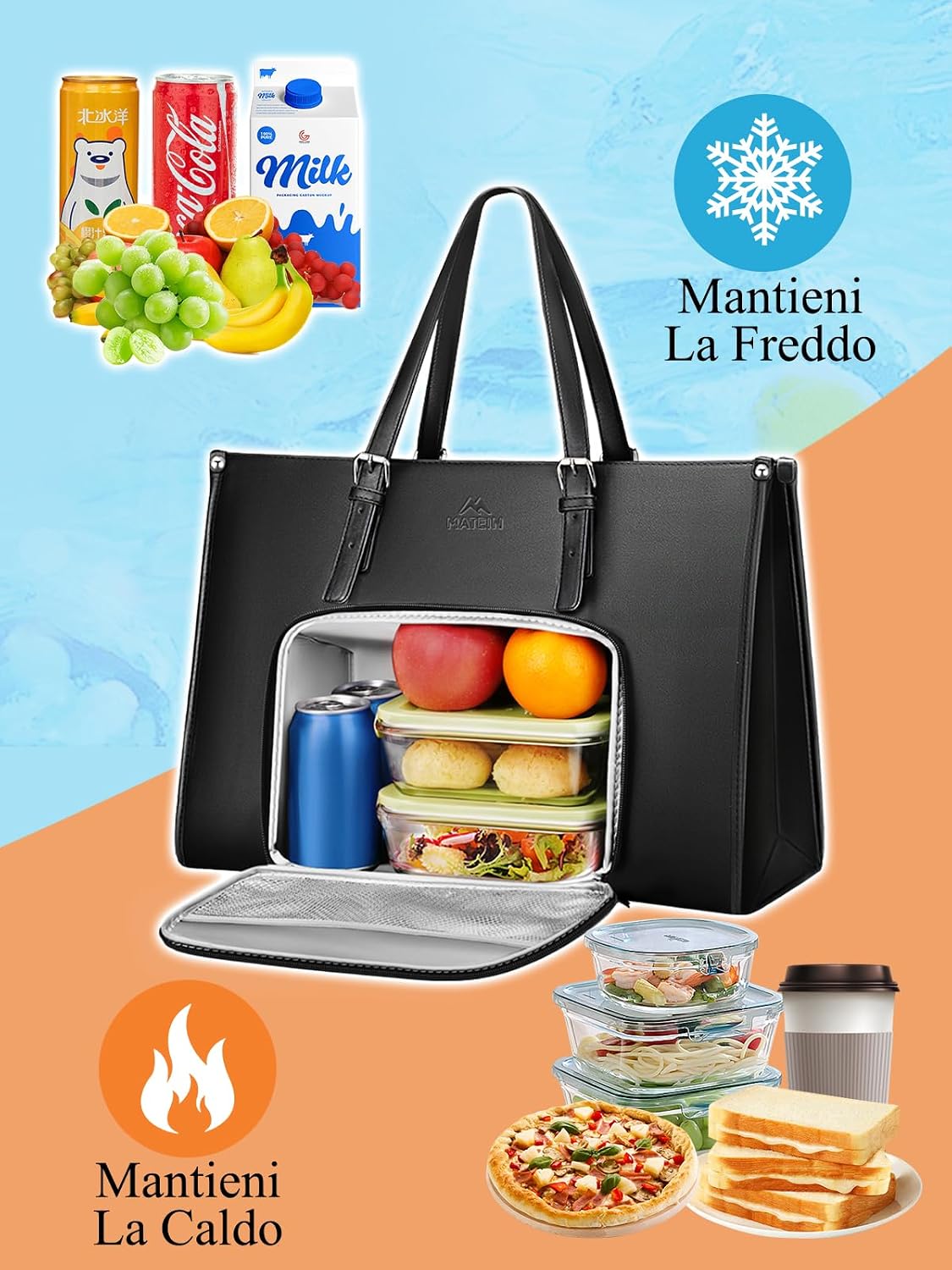 Detalle de MATEIN Borsa Lavoro Donna con Scomparto Pranzo Isolato 15,6” – Borsa PC in PU impermeabile, Nero