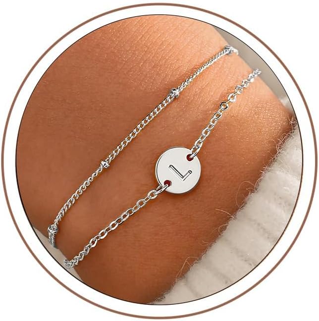 Detalle de TINGN Buchstaben-Armband Damen in Silber/Gold mit Monogramm-Scheiben, 18K Weißgold gefüllt – mit Verlängerungskette
