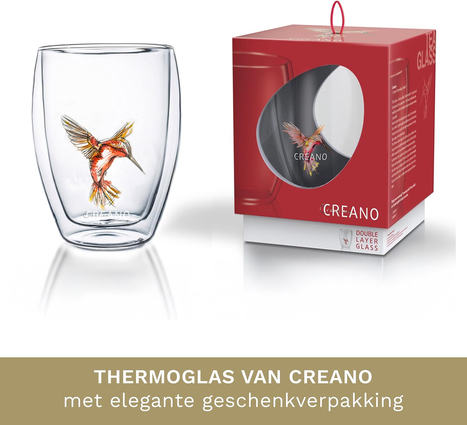 Thumbnail 6 de Creano 165 dubbelwandig thermoglas 250 ml, rood borosilicaatglas met kolibrimotief