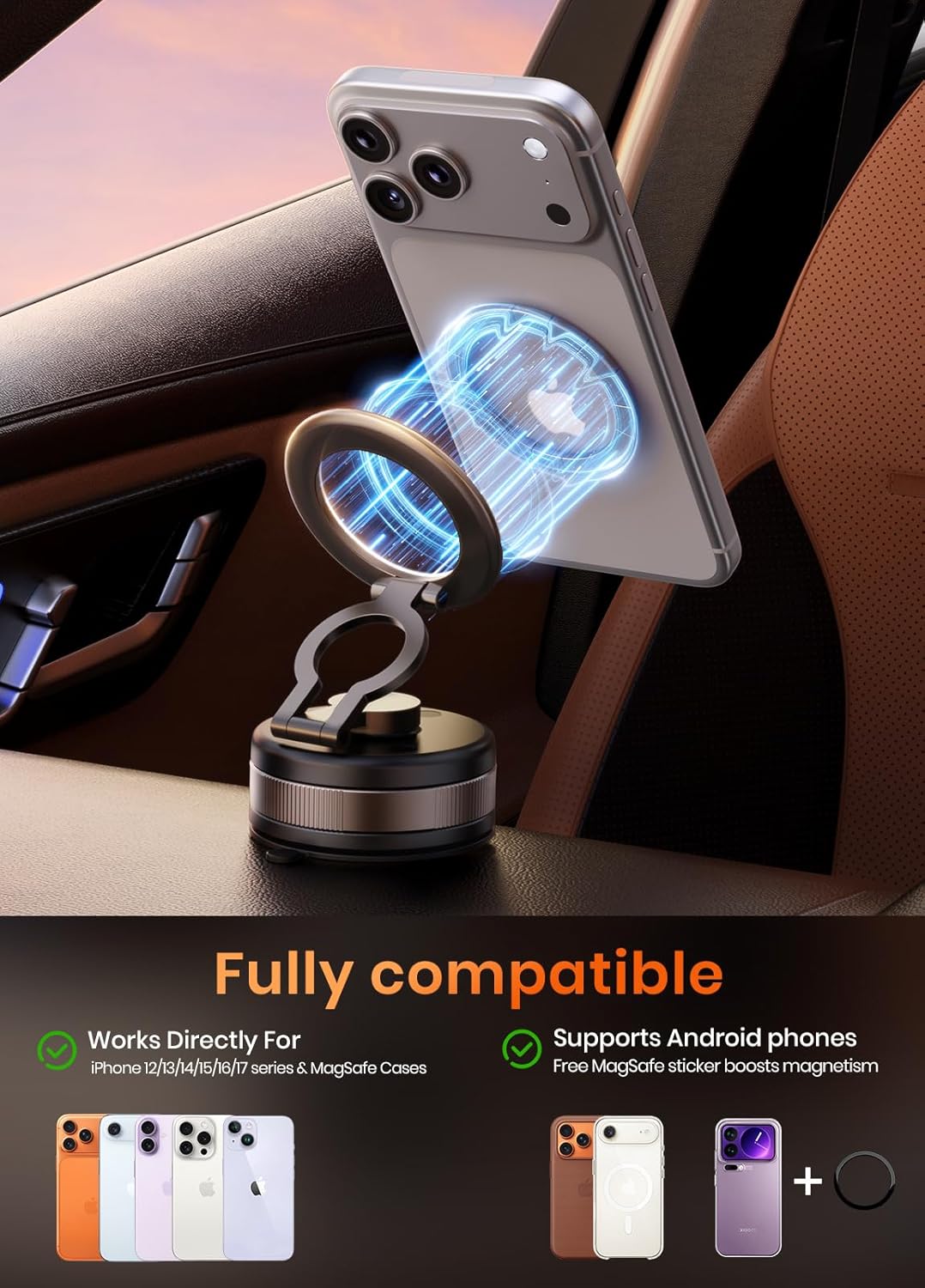 Detalle de PKBD Vakuum magnetische Handyhalterung fürs Auto mit 360° Drehung und 2500 gf Magnetkraft (Magsafe) – schwarz