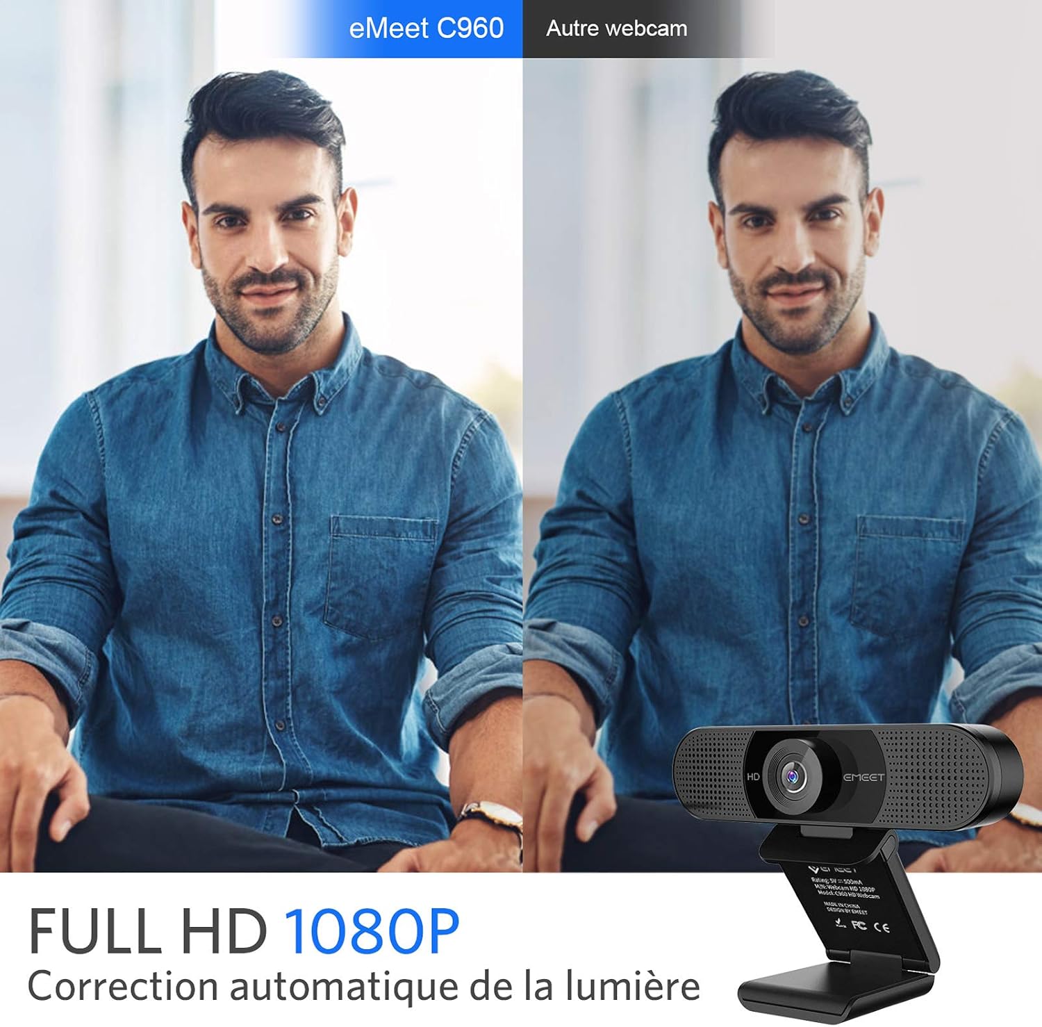 Detalle 2 de eMeet Webcam 1080P C960 : Web Cam Full HD avec double microphone et grand angle 90°