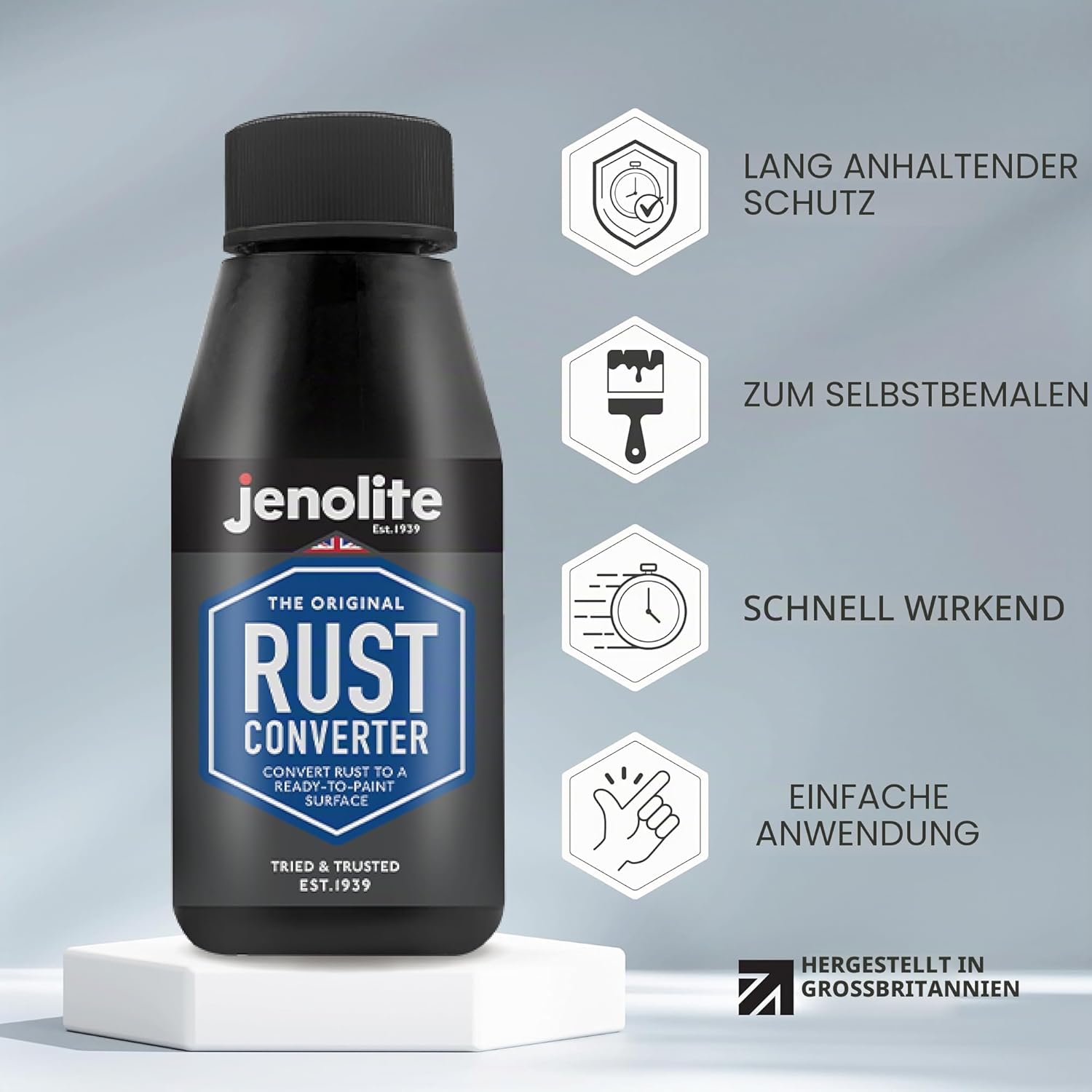 Detalle 2 de JENOLITE Rostumwandler mit Grundierung 150 ml – wasserbasiert, Schwarz, für Auto & Fahrzeuge