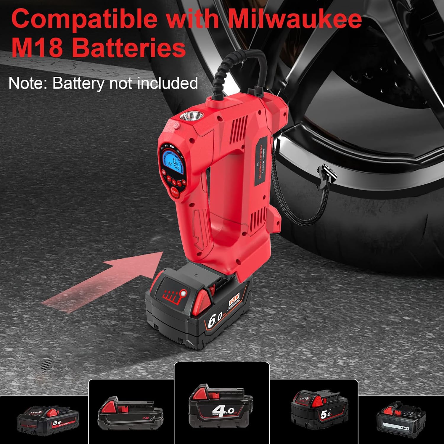 Thumbnail 1 de QUPERR Cordless Tyre Inflator Air Compressor (Milwaukee M18 Compatible) – 150 PSI, Digital Gauge