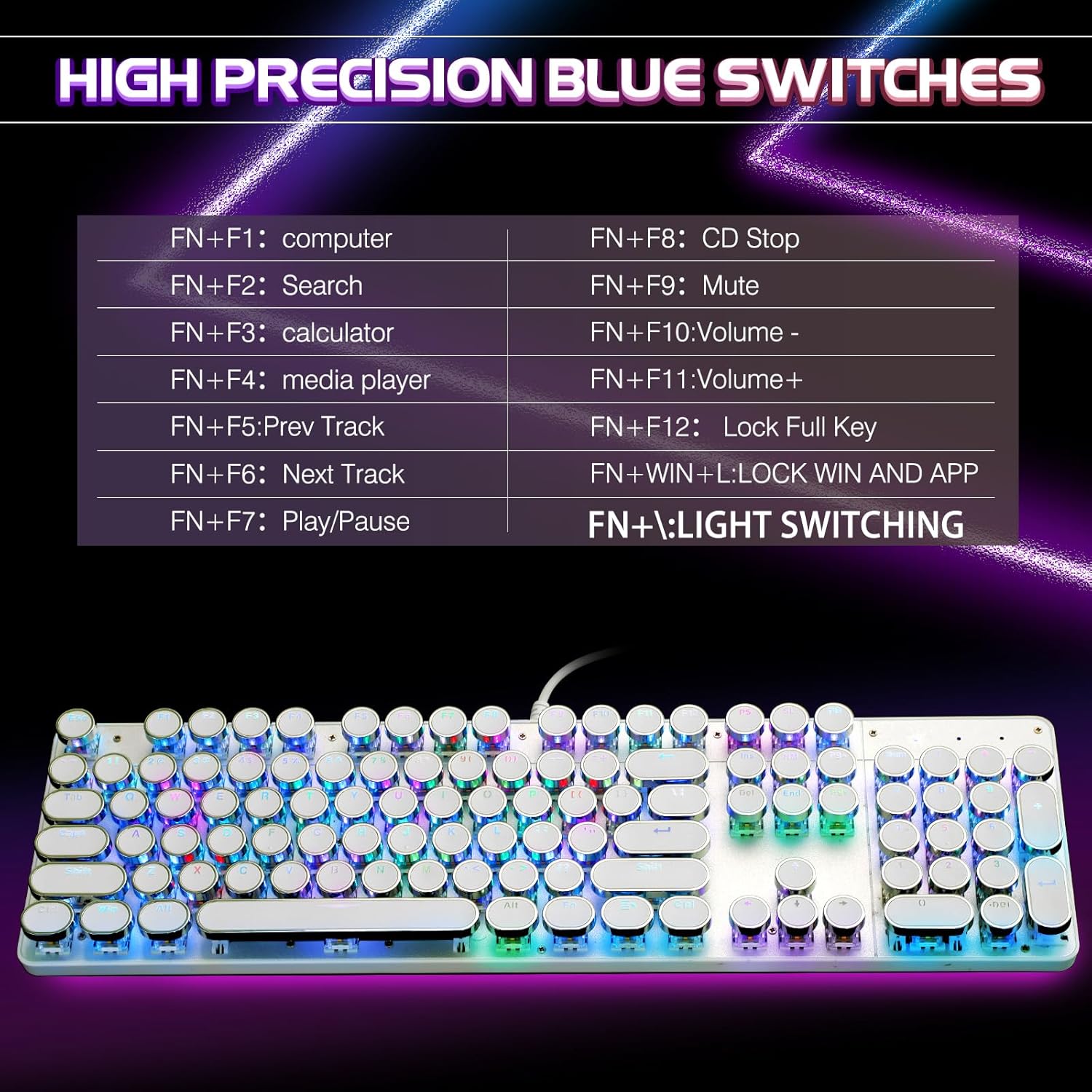 Detalle de YSCP Typewriter Style Mechanical Gaming Keyboard RGB Backlit with Blue Switches, 104 Keys, Wired (R-White)