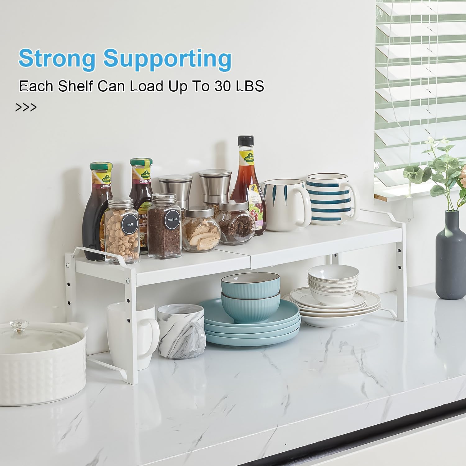 Thumbnail 3 de 2-Pack Expandable Adjustable Kitchen Cabinet Shelves Organizer (Stackable Metal Riser Stand) — 20.5" Length, 22 lbs Capacity