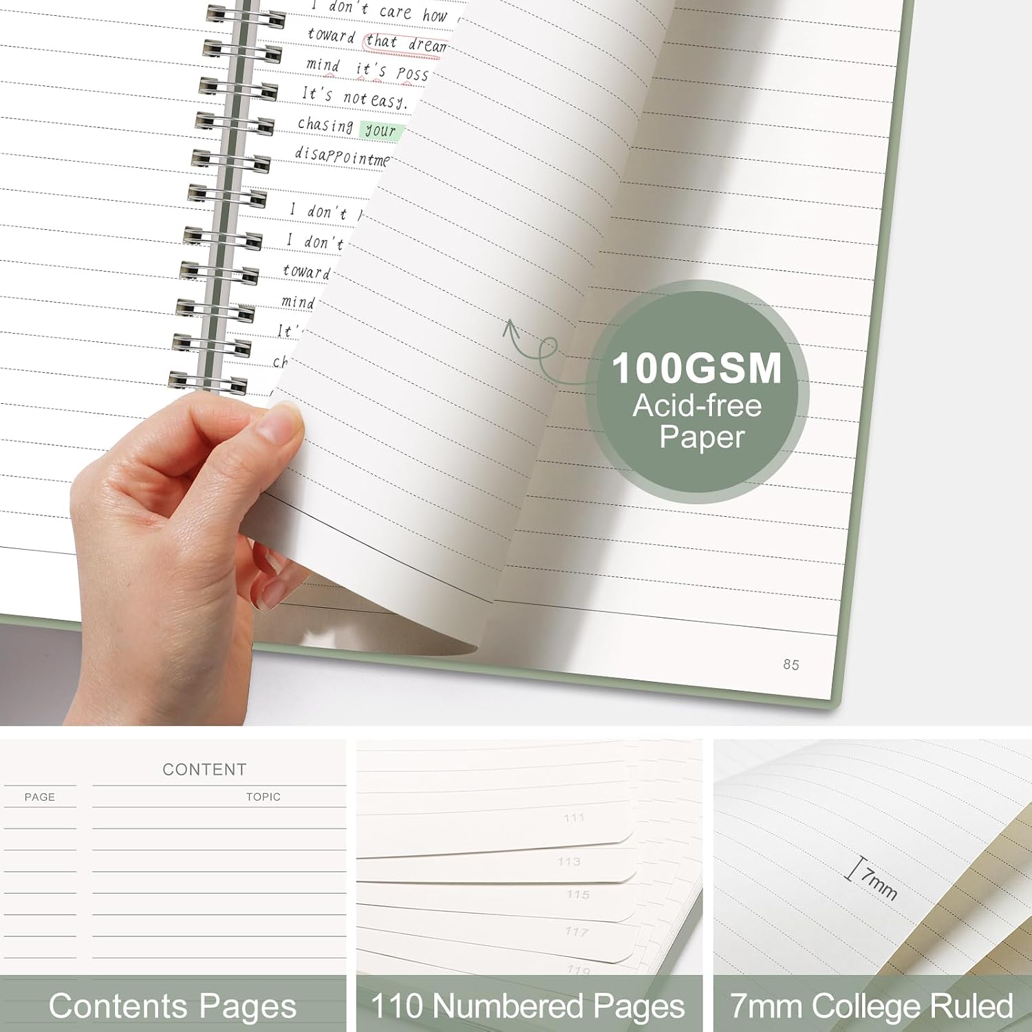 Detalle de AUTEMPO A4 Notebook Lined, 3 Pack – Wirebound Spiral Notebooks with 110 Pages Each (100gsm) in Green, Pink & Purple