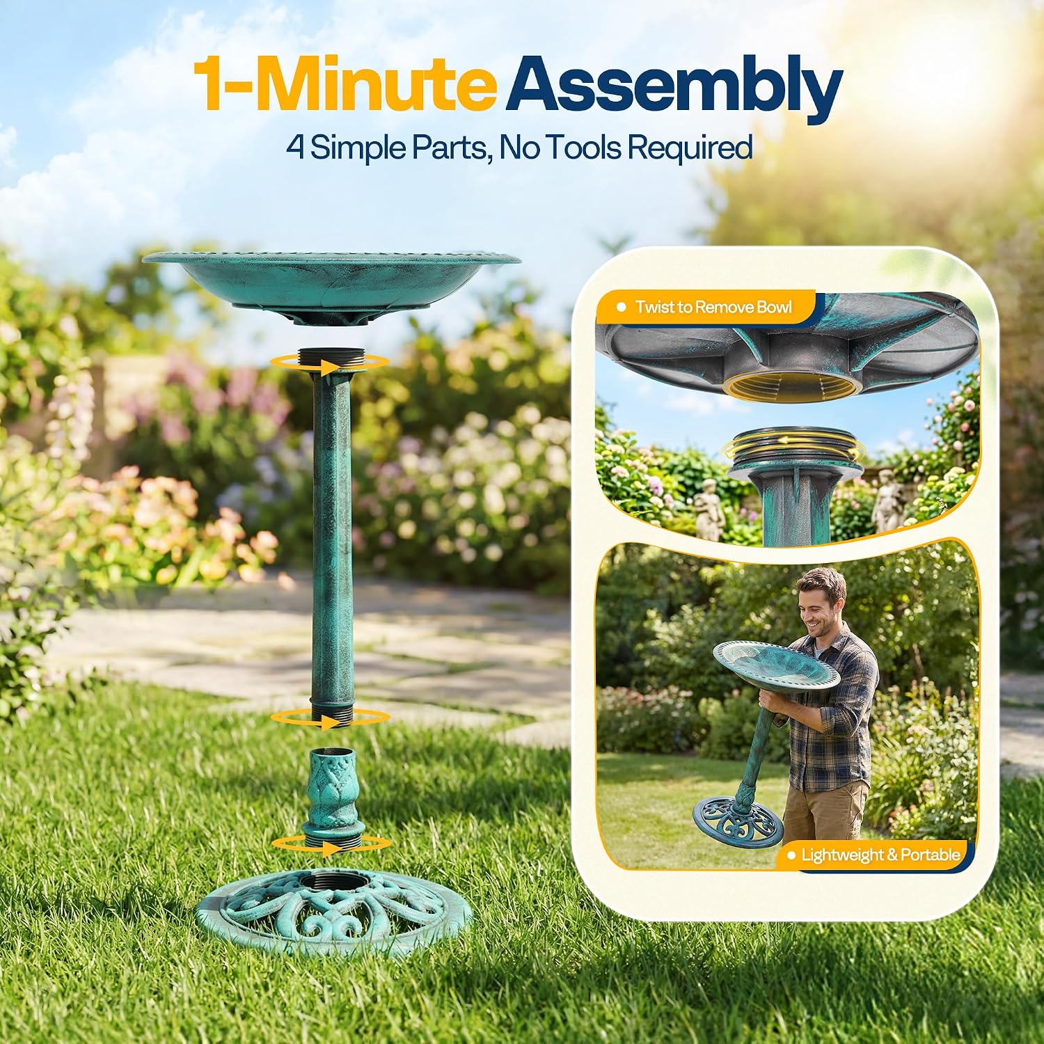 Thumbnail 6 de VIVOHOME Garden Birdbath (71x50x50cm) in green with polyresin effect & 3 ground stakes