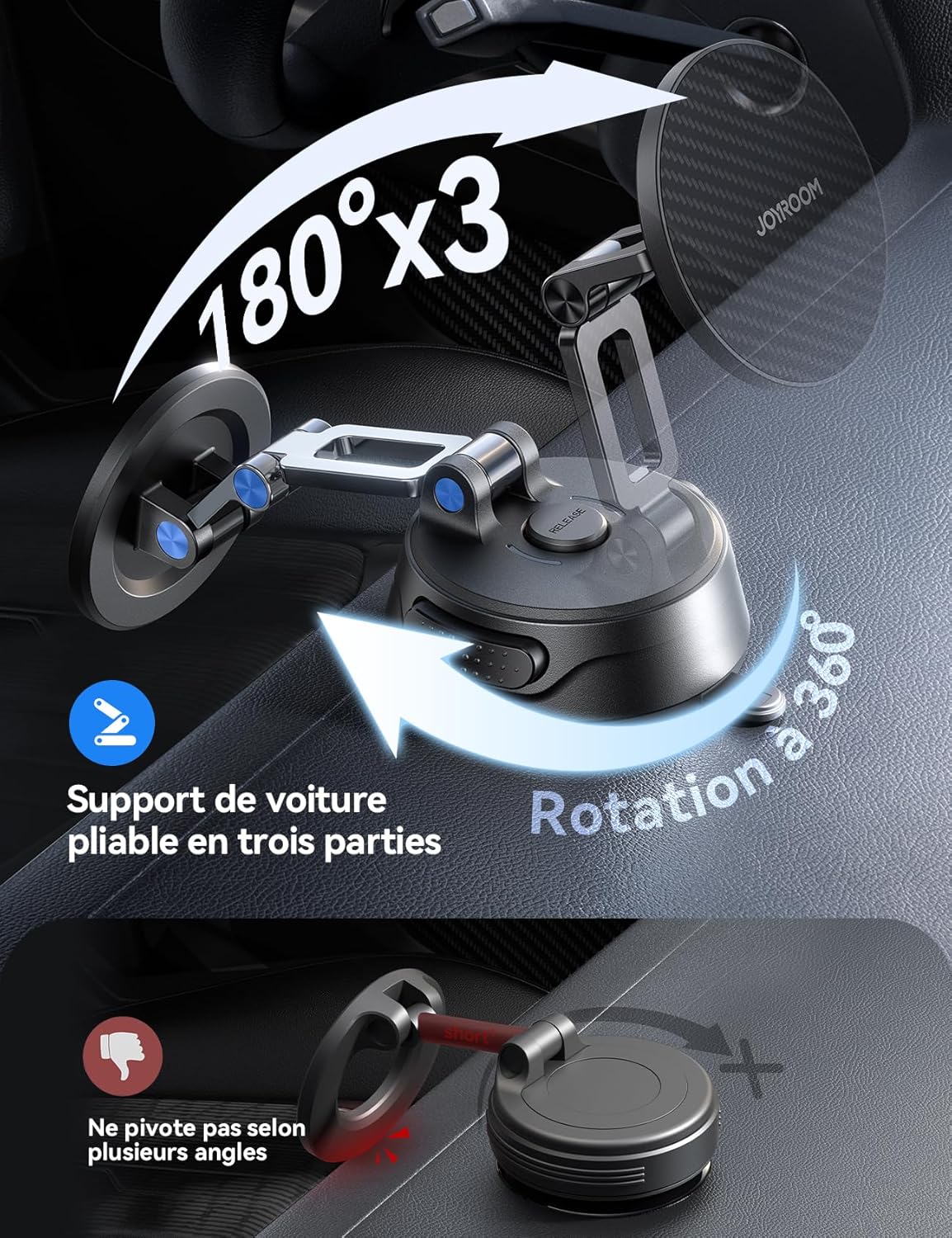 Detalle de JOYROOM Support Téléphone Voiture Magnétique Pliable en Trois Parties avec Bras Métallique et MagSafe