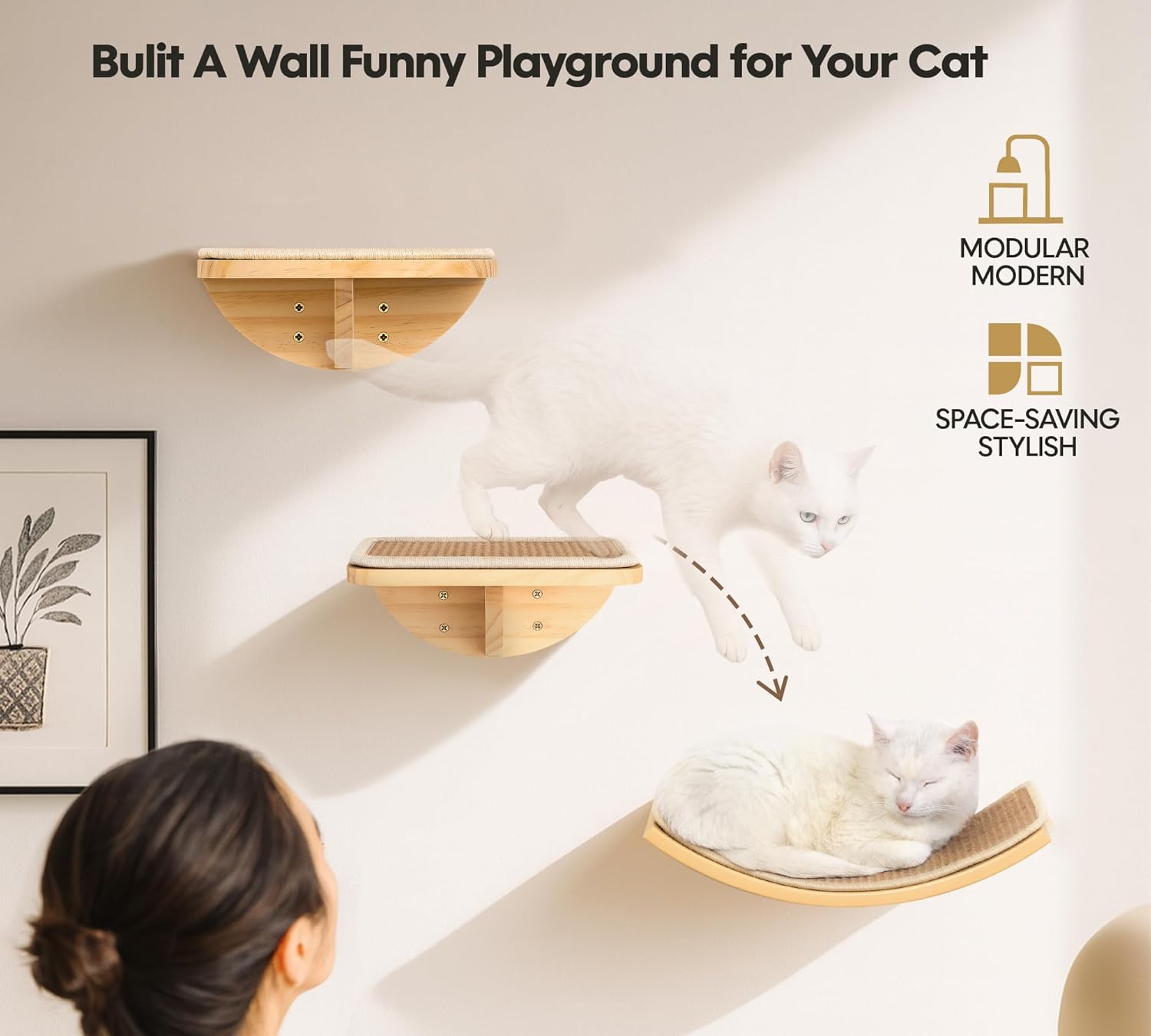Detalle 2 de Curved Floating Cat Shelf with Cat Sisal Mat
