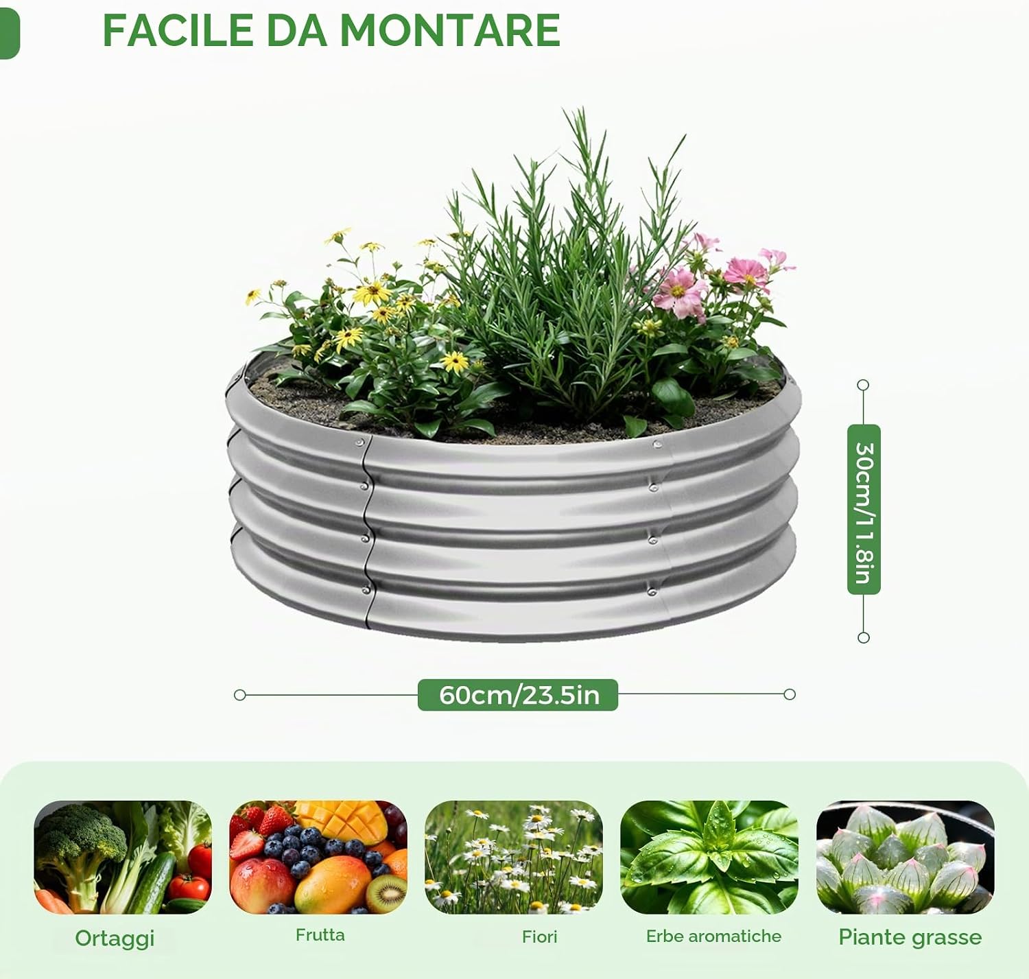 Detalle 2 de Bamworld Orto Rialzato da Esterno Rotondo 2 Pezzi – Fioriere in Metallo Zincato 60x30cm Argento