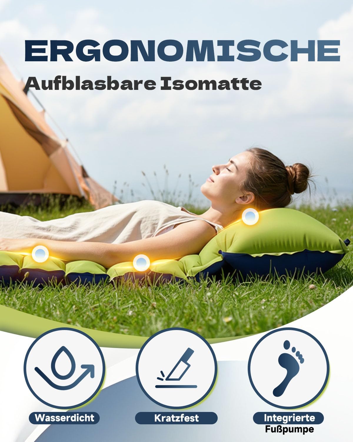 Detalle 2 de Rgaden Isomatte Camping – Ultraleichte, aufblasbare Schlafmatte mit integriertem Kissen und Fußpumpe