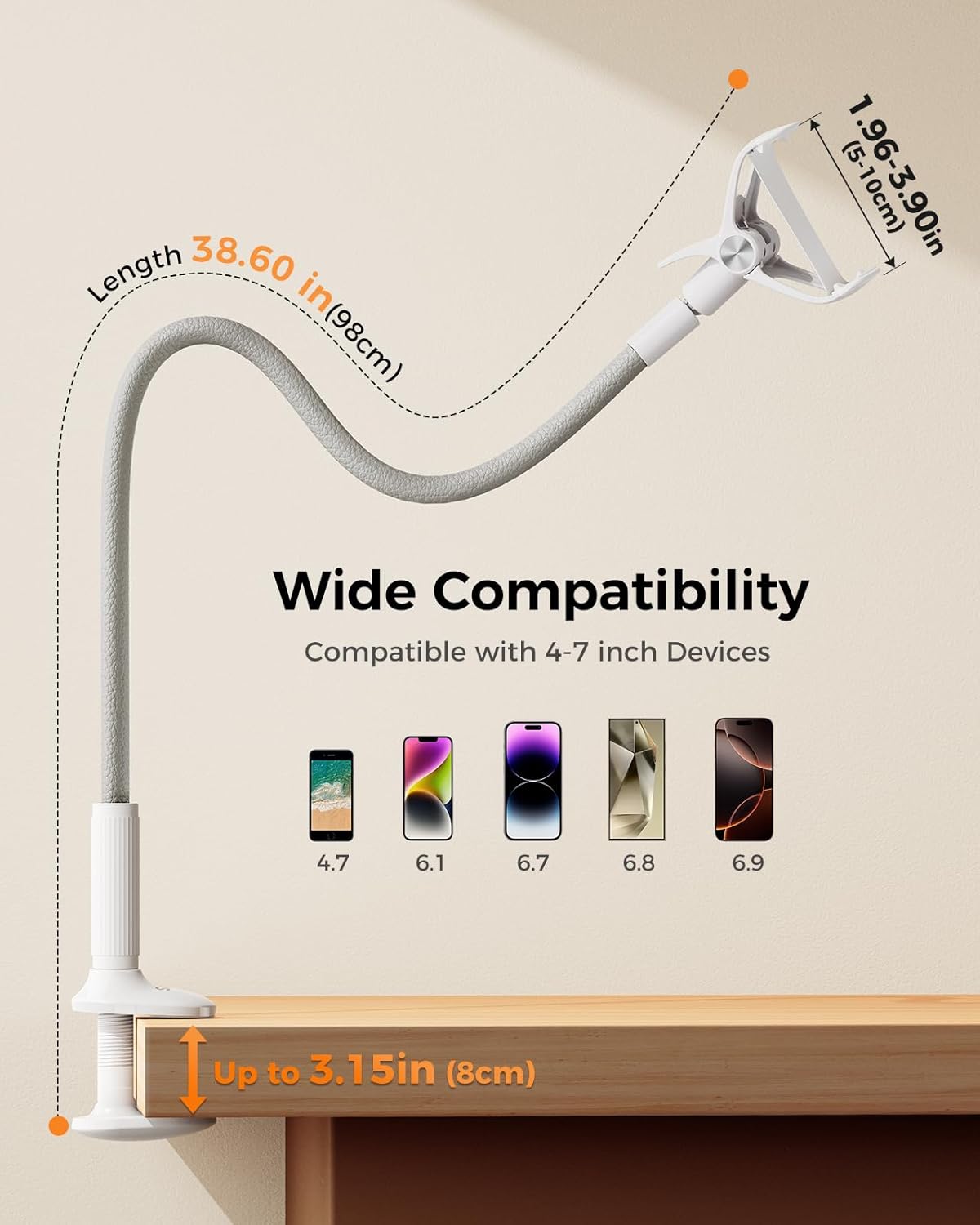 Thumbnail 4 de SAIJI Gooseneck Phone Stand for Bed (Grey) — 98cm Long-Arm Clip Clamp Holder for 4–7" Phones & Switch