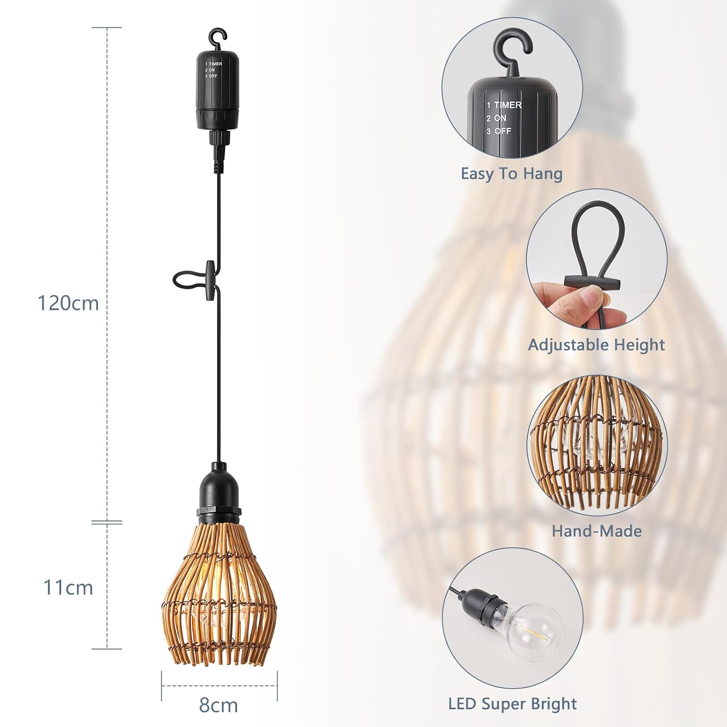Detalle 1 de SUCIKORIO 3-Pack Outdoor Rattan Pendant Lights, Dimmable, Battery-Powered