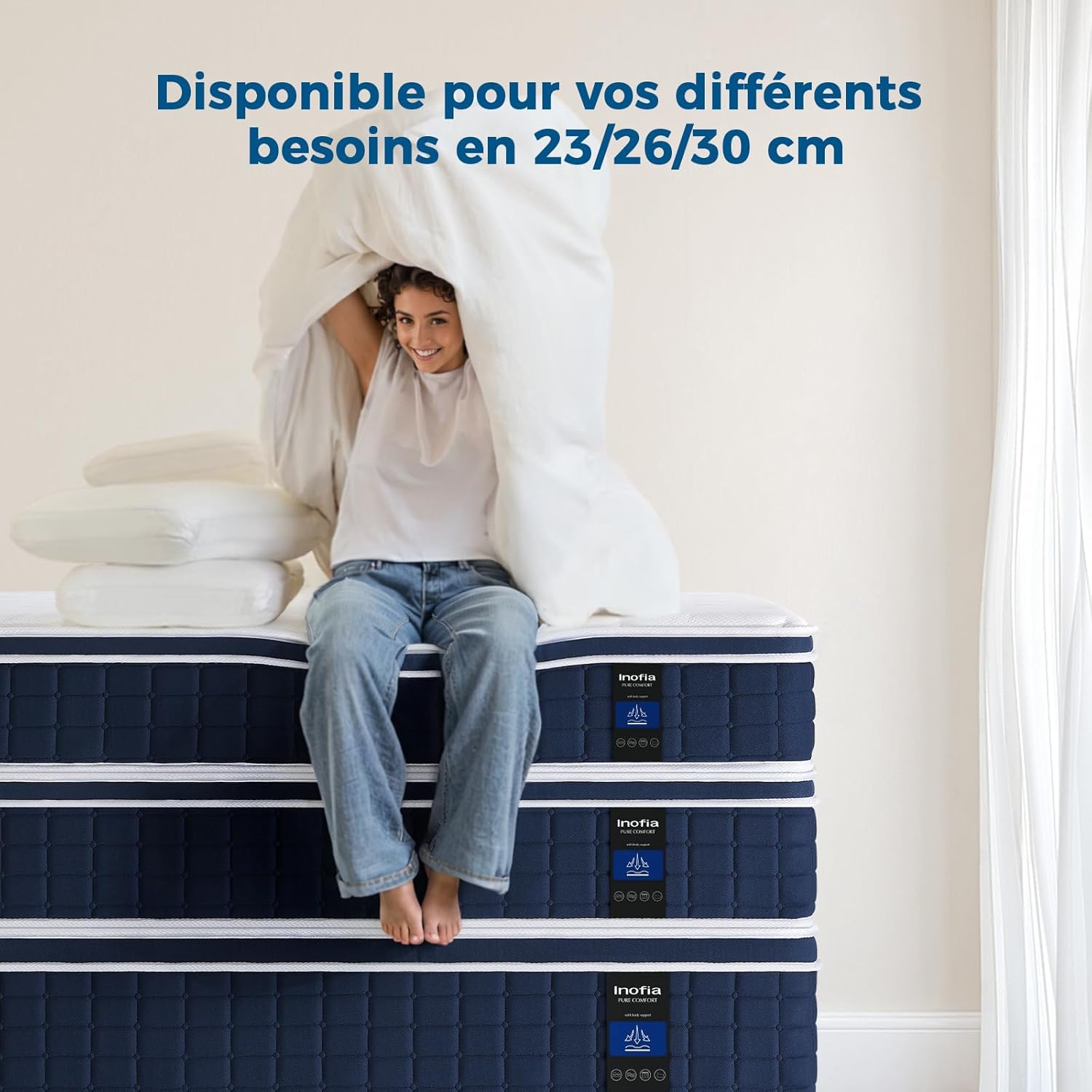 Detalle 2 de Inofia Ace Hybrid 160×200 cm : matelas hybride ferme H3 de 26 cm à ressorts ensachés et mousse à mémoire