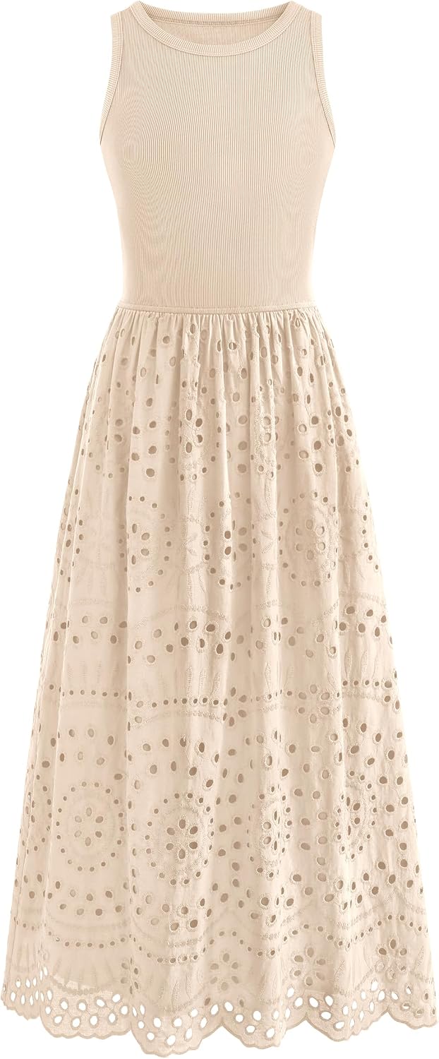 Detalle de Dowerme Summer Lace Eyelet Maxi Dress with Pockets – Boho Cotton Sleeveless A-Line