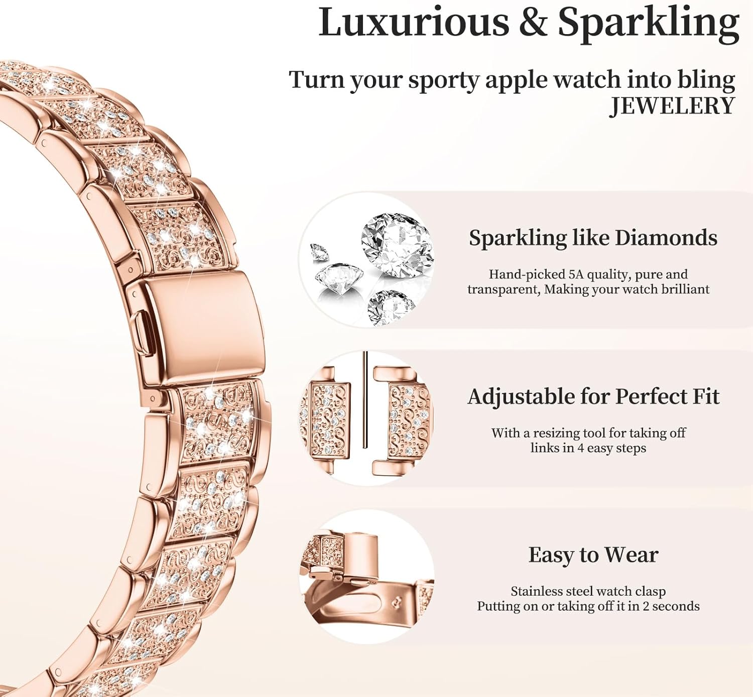 Thumbnail 3 de wutwuk Compatible Apple Watch 41mm metal sparkling strap in rose gold with rhinestone bling case