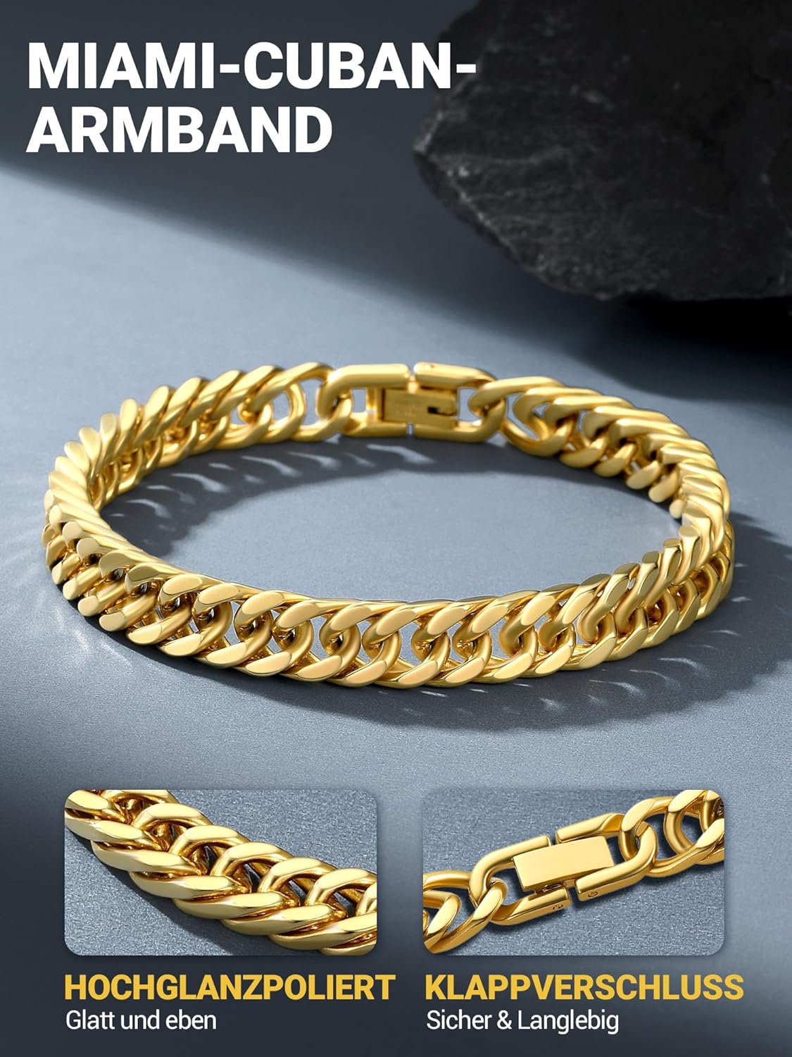 Thumbnail 5 de PROSTEEL Herren Armband: Edelstahl mit 18K Vergoldung, Panzerkette, 8 mm Breite (19/21/23 cm) – robuster Modeschmuck
