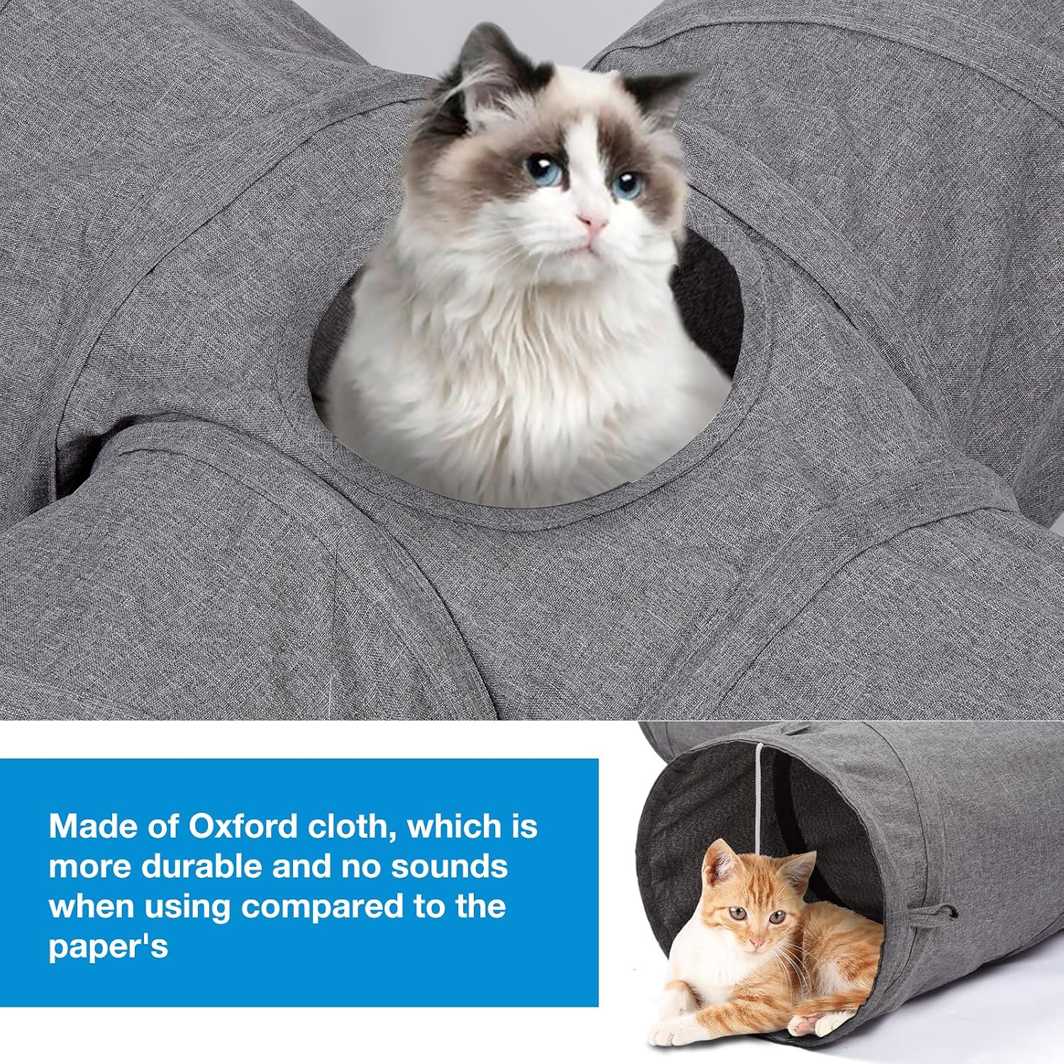 Detalle de Ownpets Cat Tunnel S-Shape with Hanging Balls (25 x 120cm) – Foldable Oxford Play Tube for Indoor Kittens