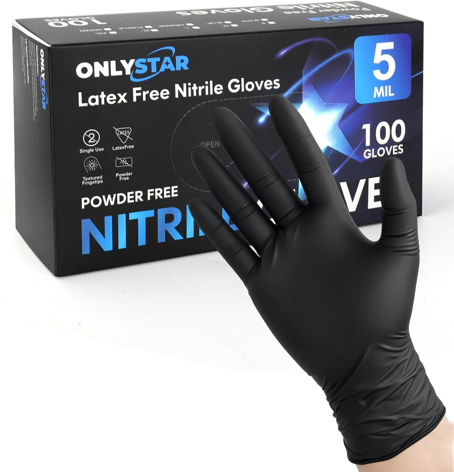 ONLYSTAR Food Grade Nitrile Gloves – 5 Mil, Black, 100 Pcs, Ambidextrous, Food Safe & Textured