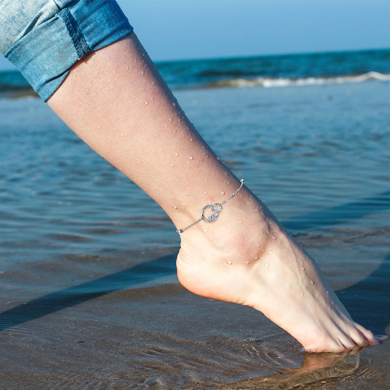 Detalle de Micory Damen-Fußkettchen aus 925 Silber mit Herz – verstellbare Strand-Fußkette für Sommer & Geschenke