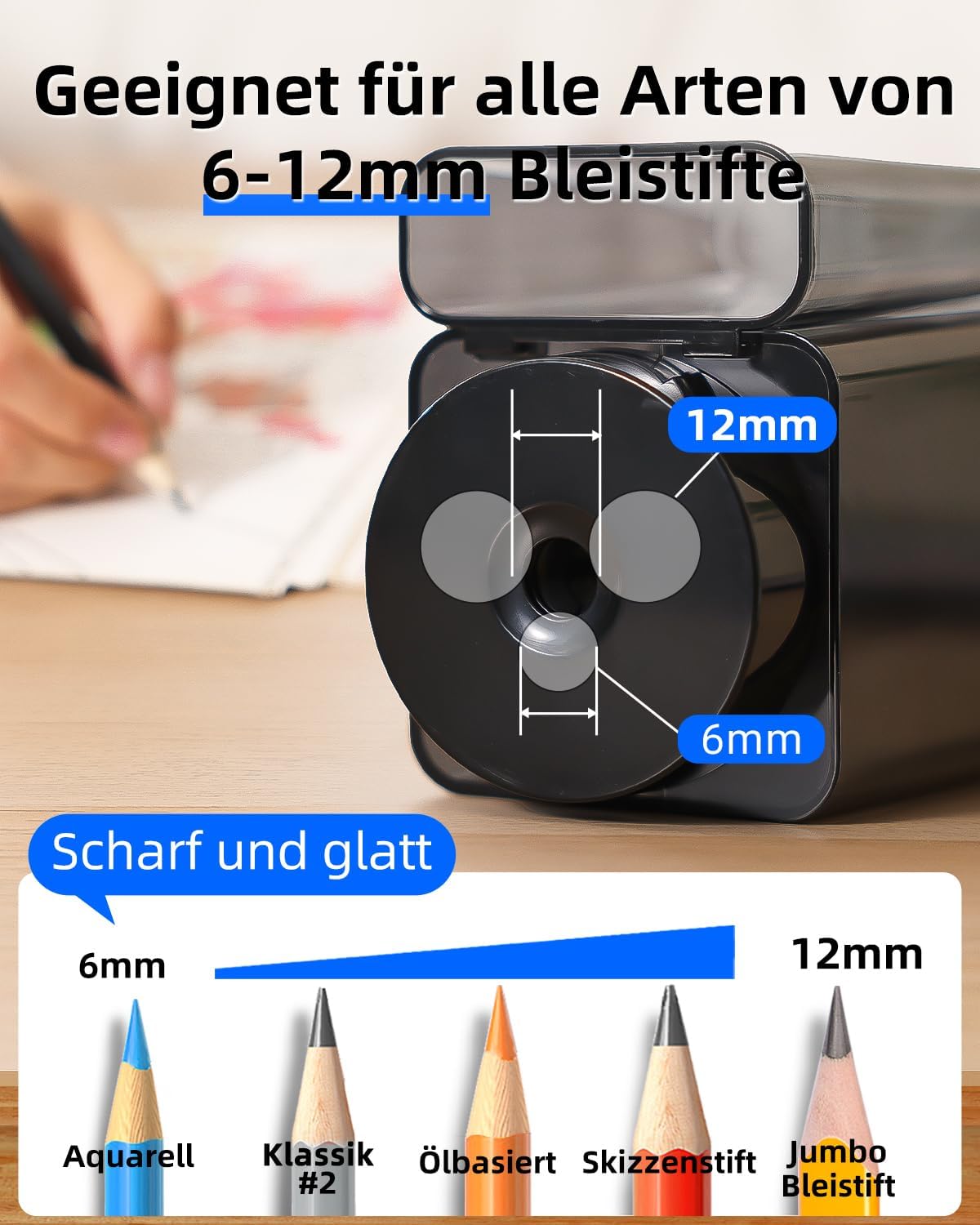 Detalle 2 de Zmol vollautomatischer elektrischer Anspitzer für dicke & dünne Stifte (USB-C, wiederaufladbar)