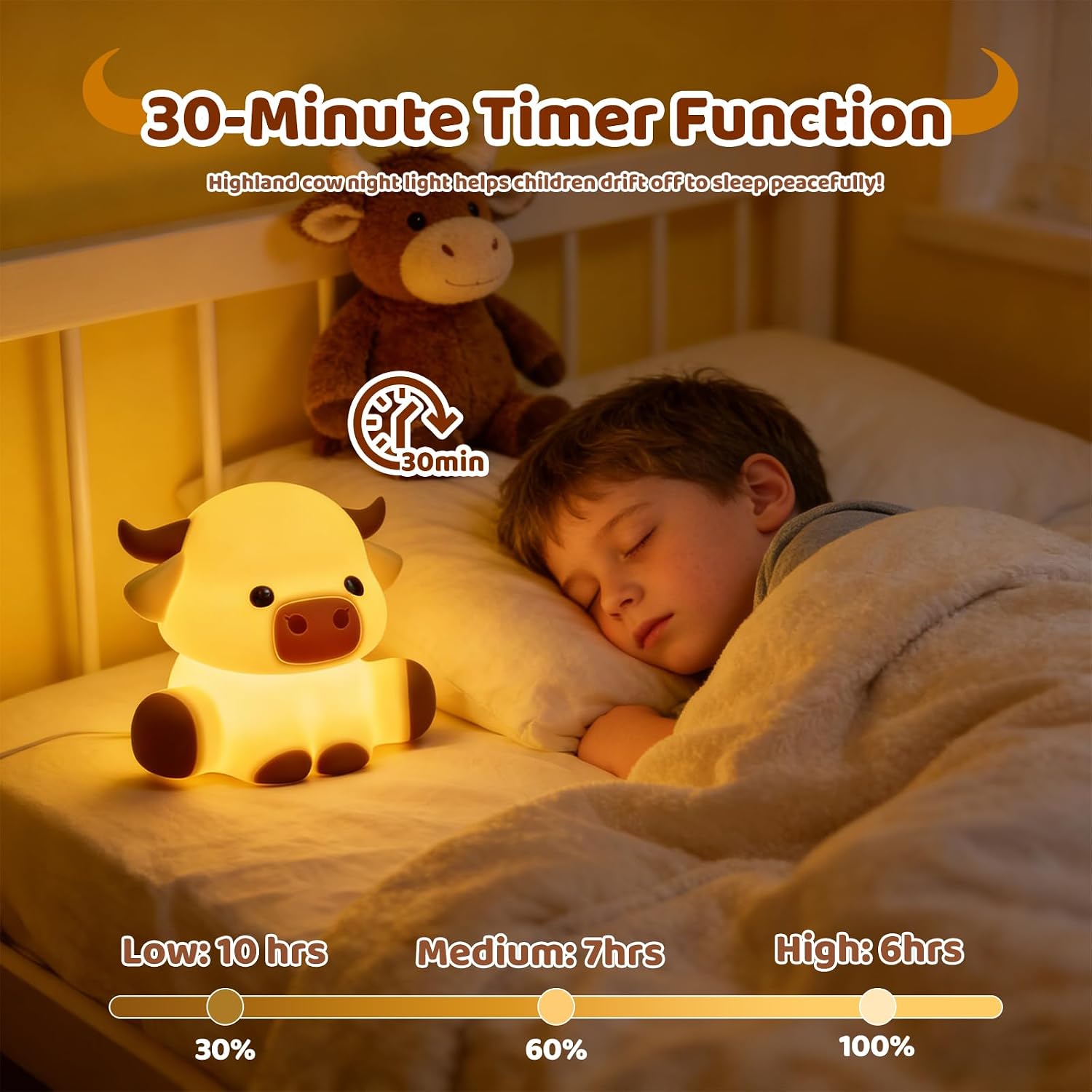 Detalle 2 de Gemmac Highland Cow Nachtlicht für Kinder – 7 Farben, Timer und Silikon