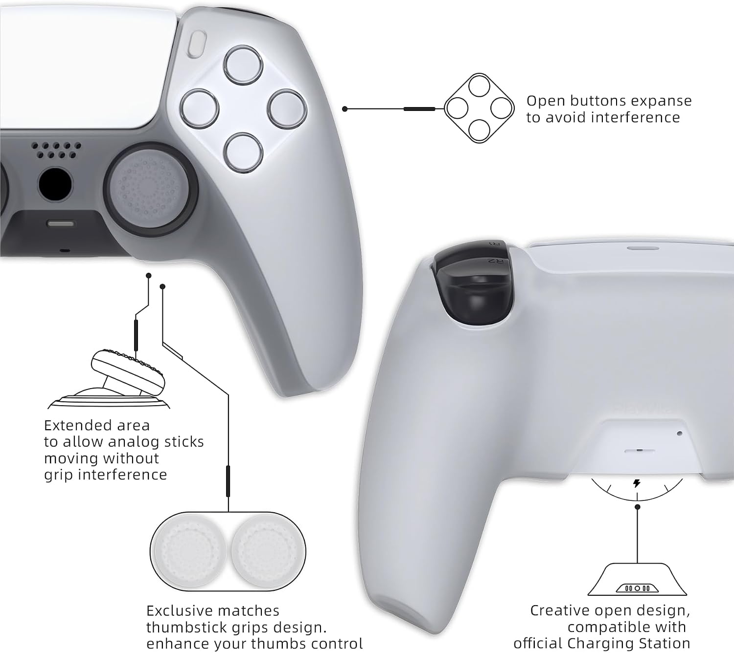 Detalle de Playvital Pure Series Dockable anti-slip silicone cover skin for PS5 controller (clear white)