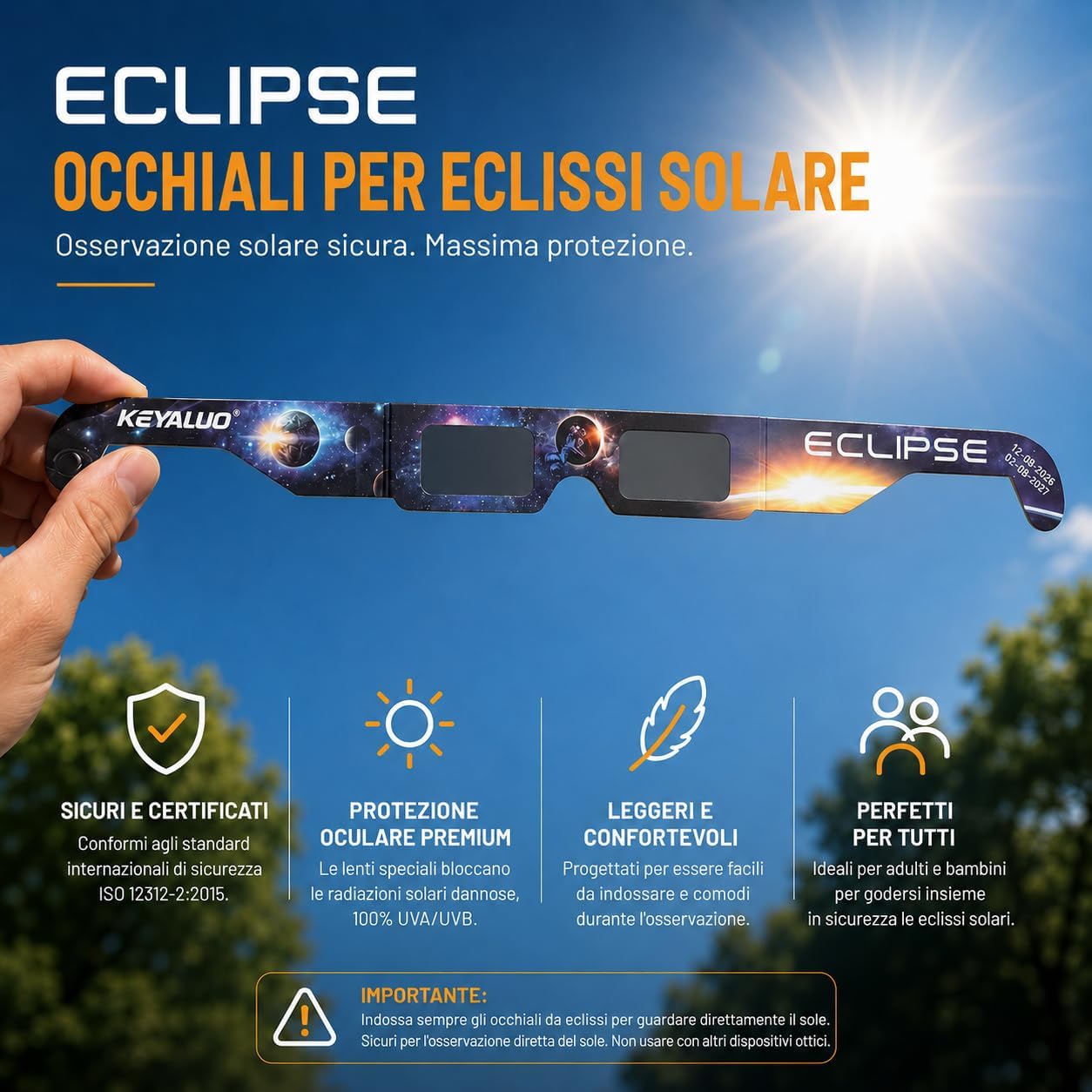 Thumbnail 2 de Keyaluo 6/12 Occhiali eclissi solare: protezione certificata per l’osservazione diretta