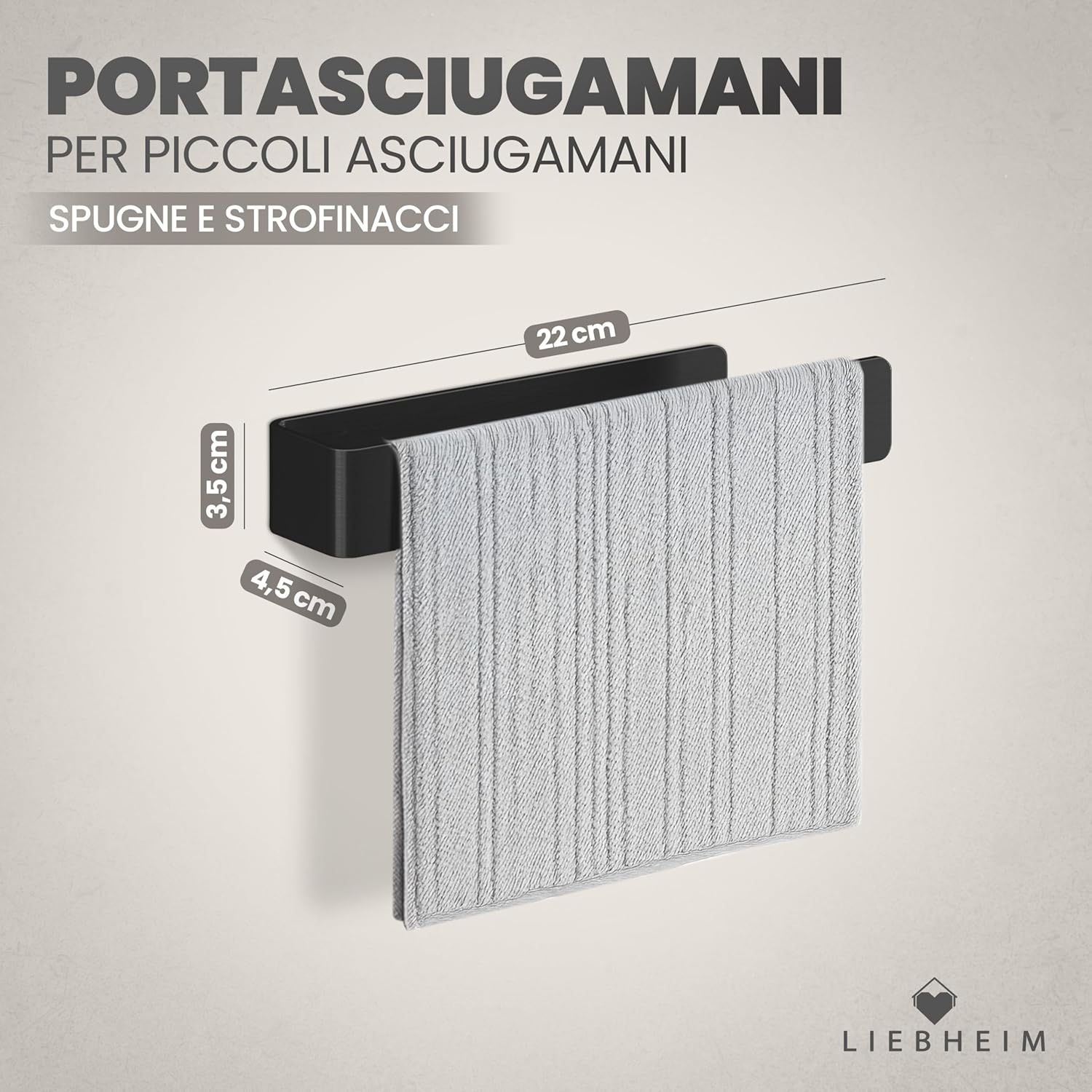 Detalle de LIEBHEIM porta asciugamani adesivo da parete in alluminio nero, senza forare (22 cm)
