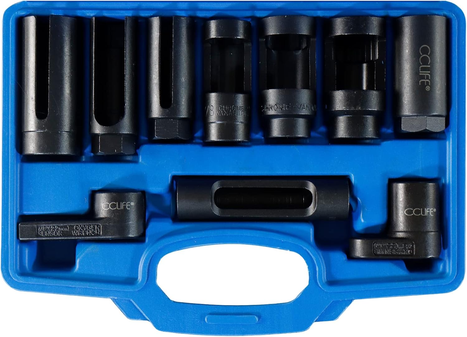 Detalle 2 de CCLIFE 10tlg Lambdasonden Schlüssel-Set – 12-/3/8-Zoll Steckschlüssel, Chrom-Vanadium, schwarz brüniert