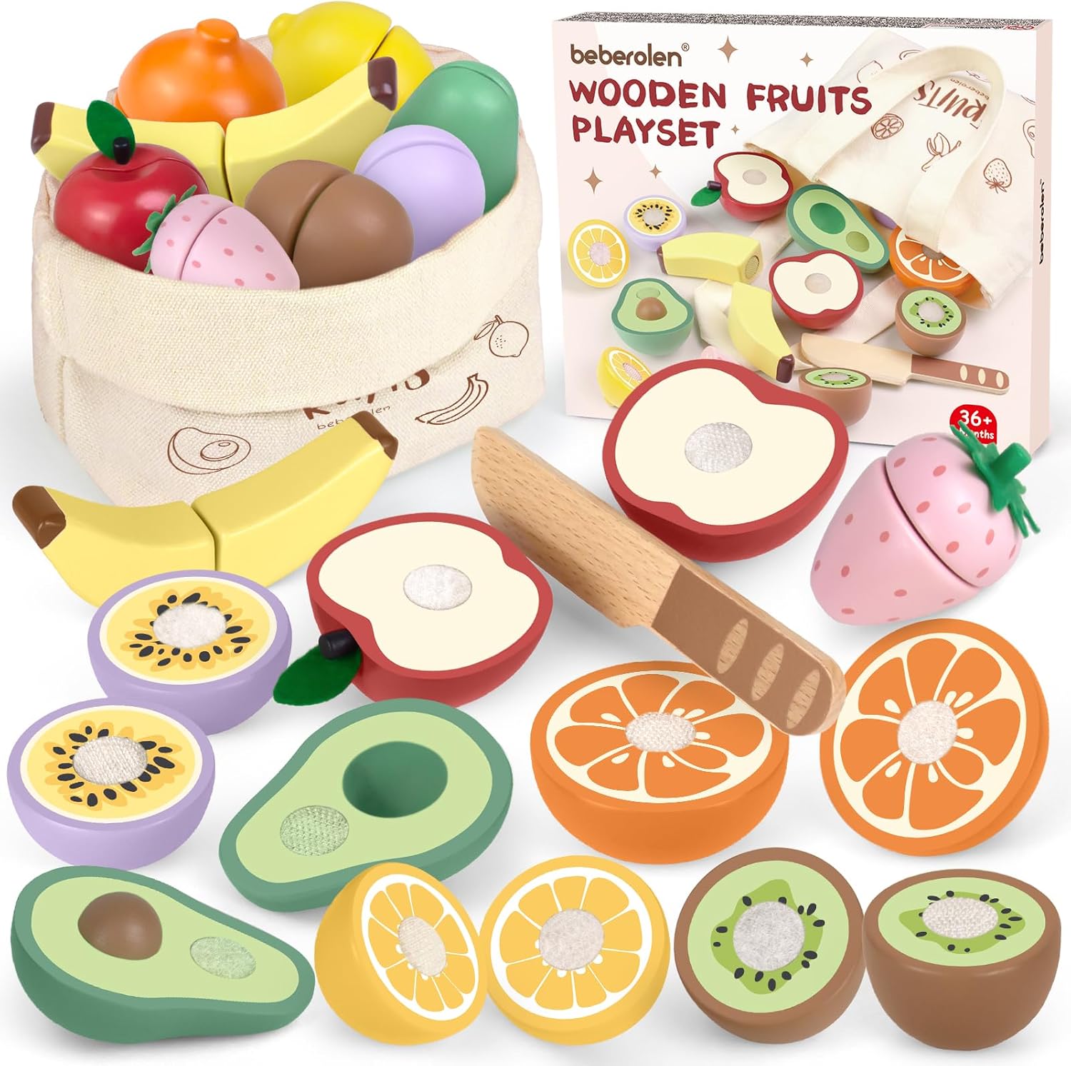 Detalle de Beberolen houten snijfruit speelgoed met afgerond mes en canvas opbergtas