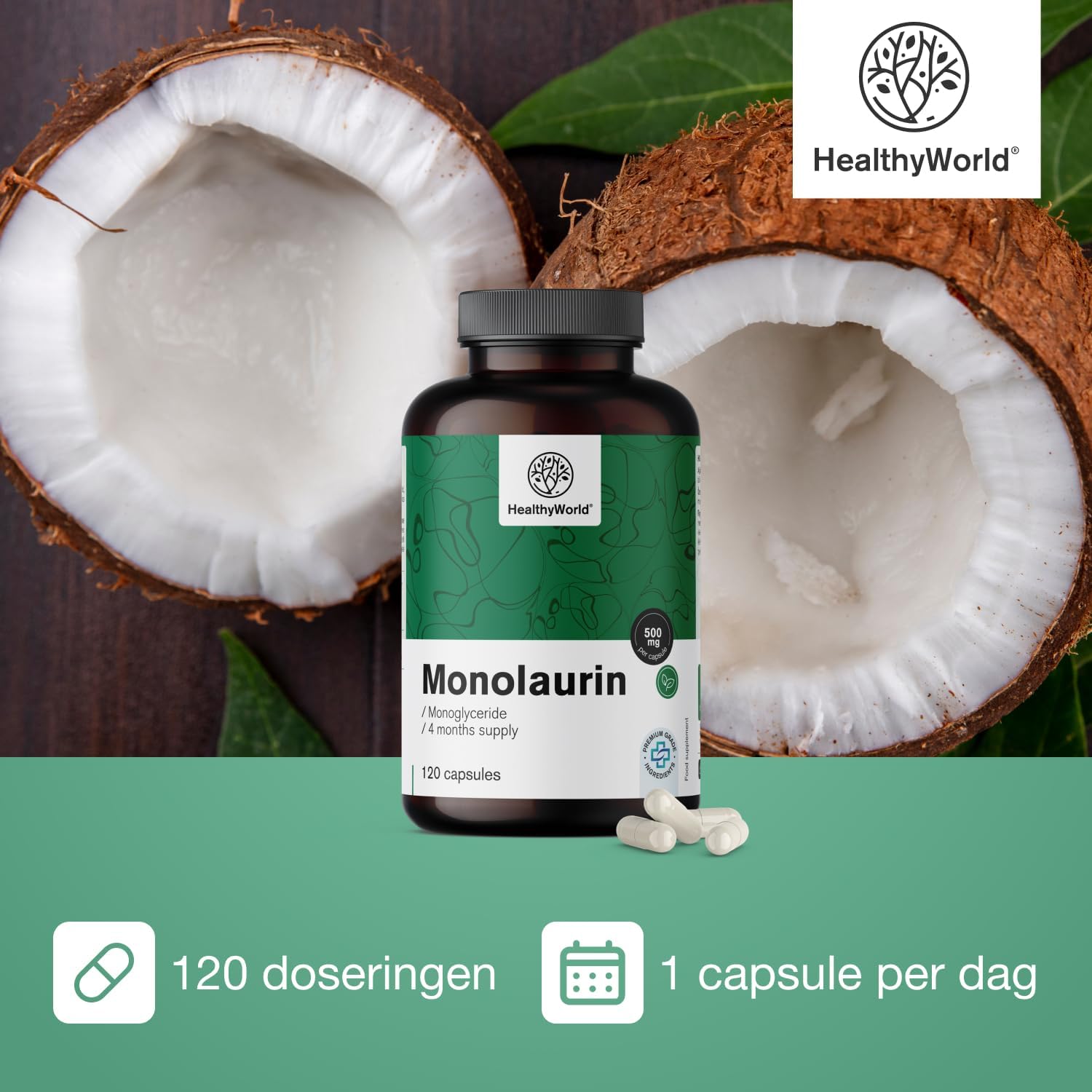 Thumbnail 2 de HealthyWorld Monolaurine – 120 plantaardige capsules, 500 mg per dagdosering