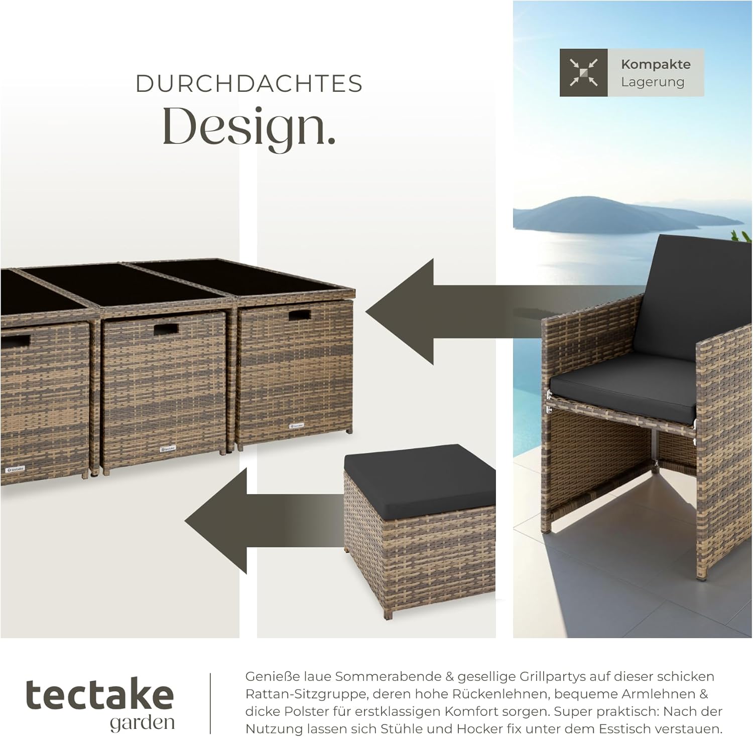 Detalle de tectake® Polyrattan Gartenmöbel Set: Lounge-Set mit 6 Stühlen, Glas-Tischplatte und 4 Hockern – klappbar, Aluminium-Gestell, inkl. 2 Bezugssets (Natur)