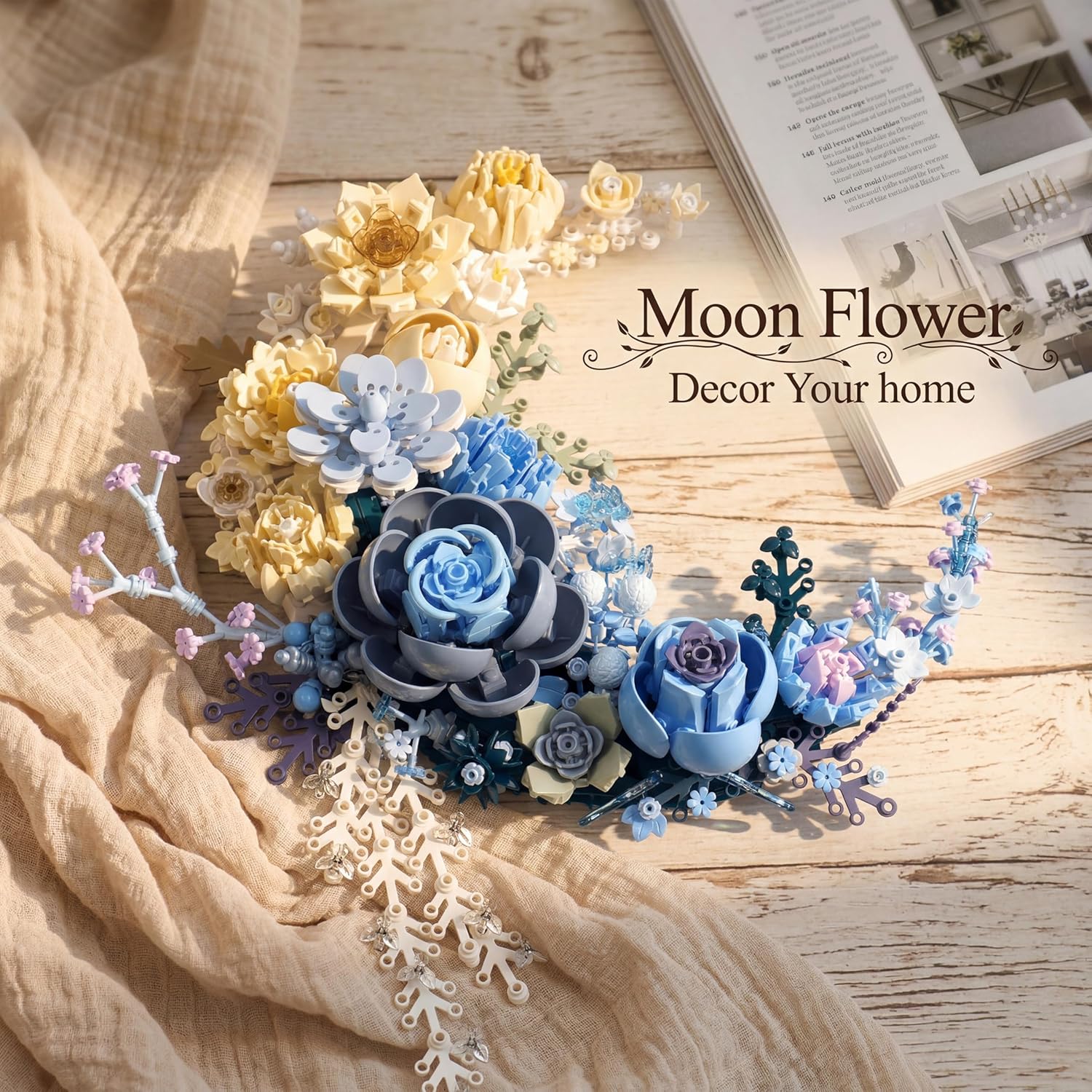 Detalle de Loyratche Blue Moon Flower Building Set: Crescent Moon Floral Art for Adults