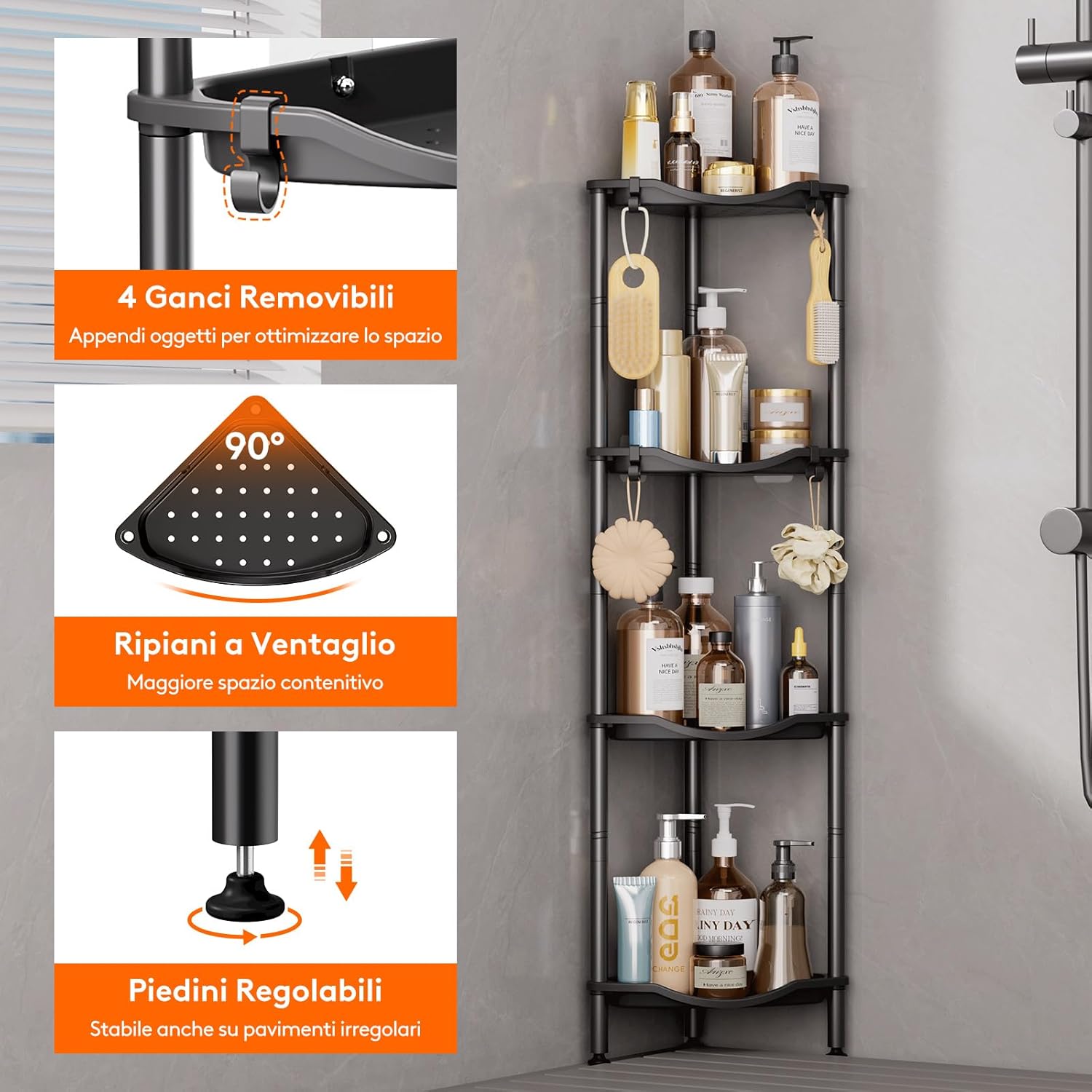 Thumbnail 4 de lifewit Mensola Doccia a 4 Livelli senza Foratura con angolo a 90° (34 cm) – organizer nero per sapone, shampoo e accessori
