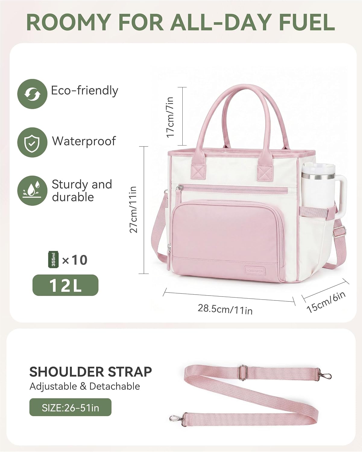 Thumbnail 1 de HOMESPON geïsoleerde lunchtas, 11,5 liter, roze met bekerhouder