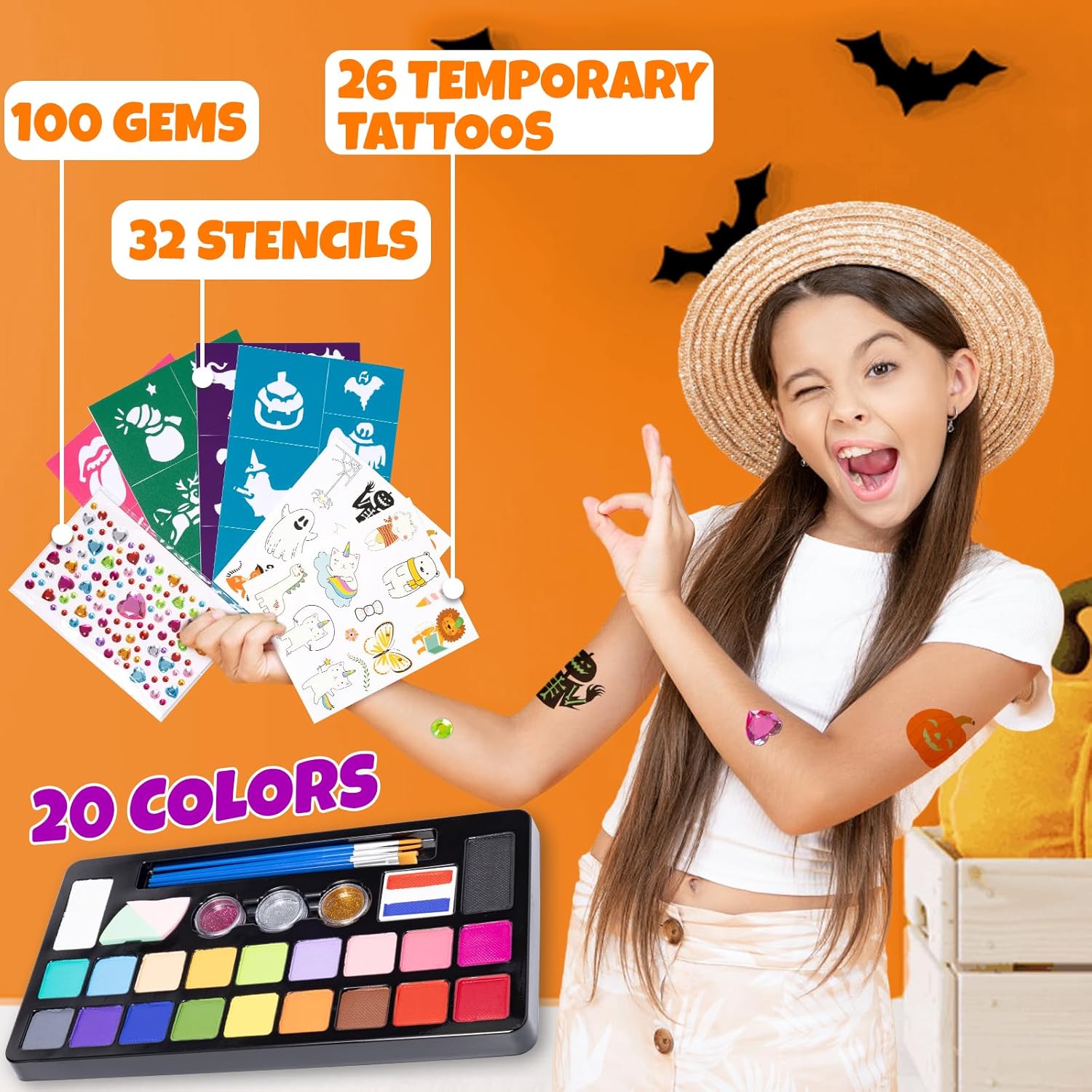 Thumbnail 3 de Face Painting Kit (20 water-based paints) with stencils, glitter and temporary tattoos for children