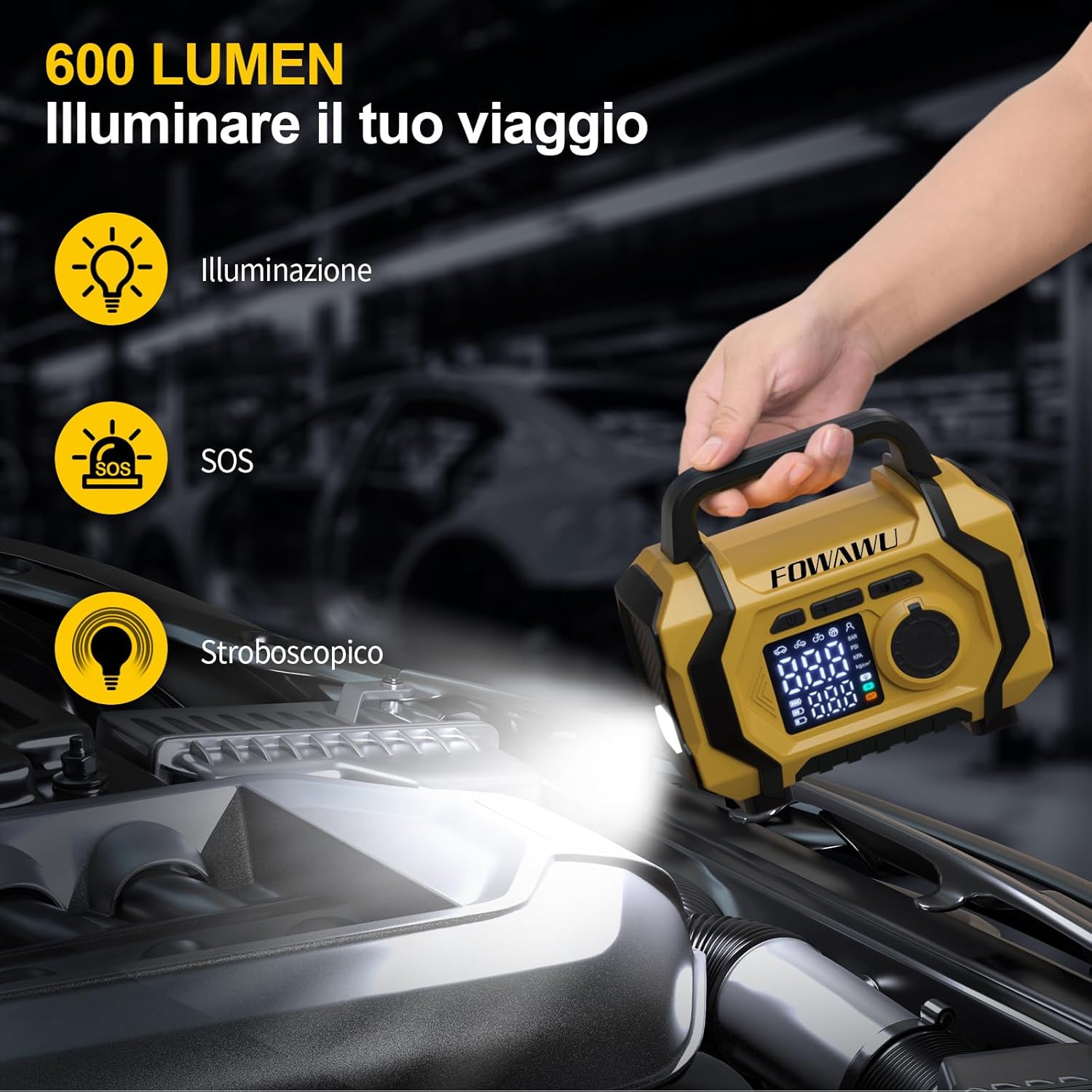 Detalle de FOWAWU Avviatore Batteria Auto con Compressore 9 in 1 – 8000A, 26800mAh, 150 psi