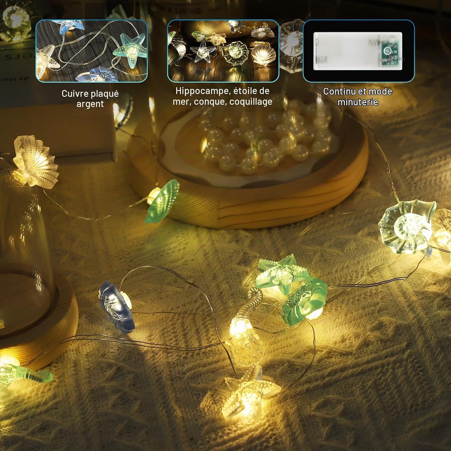 Detalle de A.bigwhale lichtsnoer met schelpenmotief, 2 m, 20 warmwitte leds en timer