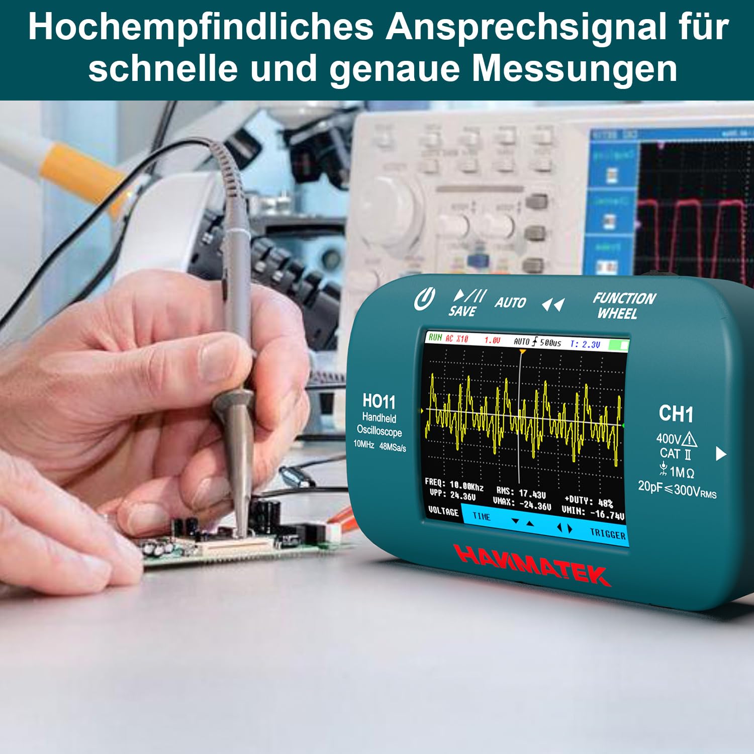 Detalle de HANMATEK HO11 Handheld-Digitaloszilloskop (10 MHz, 48 MSa/s) mit 2,8“-TFT und USB-Laden